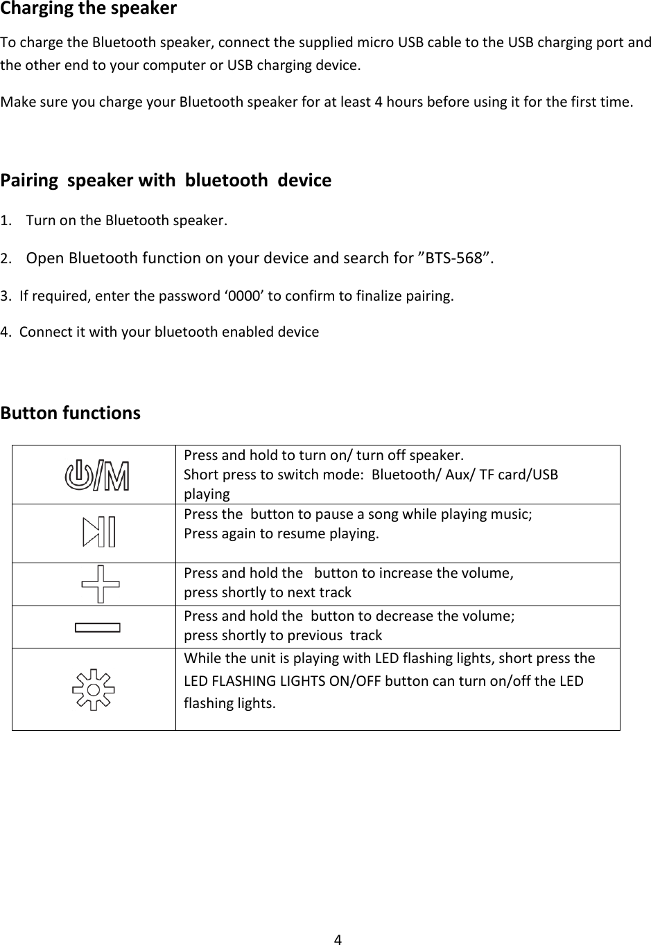 Page 4 of XinHuaMei Electronics BTS568 WIERELESS LUMINOUS BLUETOOTH SPEAKER User Manual 