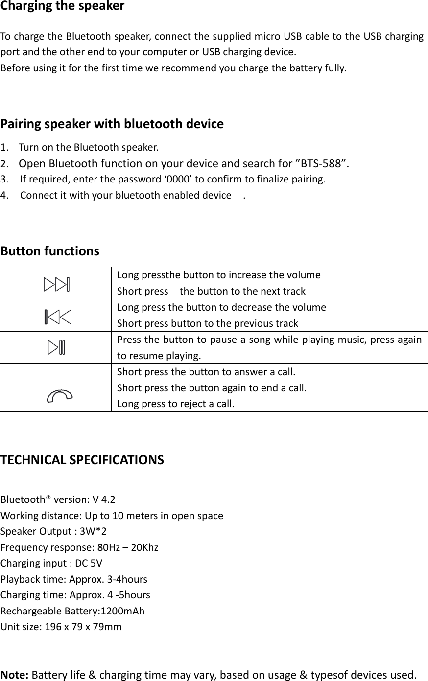 Page 3 of XinHuaMei Electronics BTS588 MINI BLUETOOTH SPEAKER User Manual 