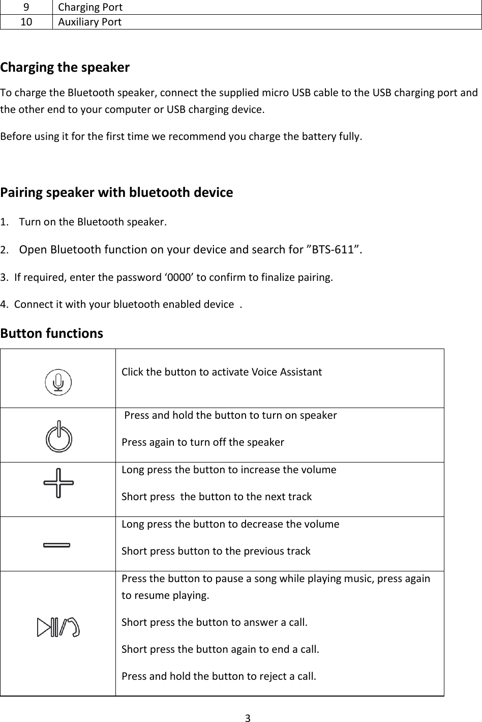 3  9 Charging Port 10 Auxiliary Port     Charging the speaker To charge the Bluetooth speaker, connect the supplied micro USB cable to the USB charging port and the other end to your computer or USB charging device.   Before using it for the first time we recommend you charge the battery fully.  Pairing speaker with bluetooth device 1. Turn on the Bluetooth speaker.  2. Open Bluetooth function on your device and search for ”BTS-611”. 3.  If required, enter the password ‘0000’ to confirm to finalize pairing. 4.  Connect it with your bluetooth enabled device  . Button functions                          Click the button to activate Voice Assistant    Press and hold the button to turn on speaker Press again to turn off the speaker  Long press the button to increase the volume Short press  the button to the next track   Long press the button to decrease the volume Short press button to the previous track  Press the button to pause a song while playing music, press again to resume playing. Short press the button to answer a call. Short press the button again to end a call. Press and hold the button to reject a call. 