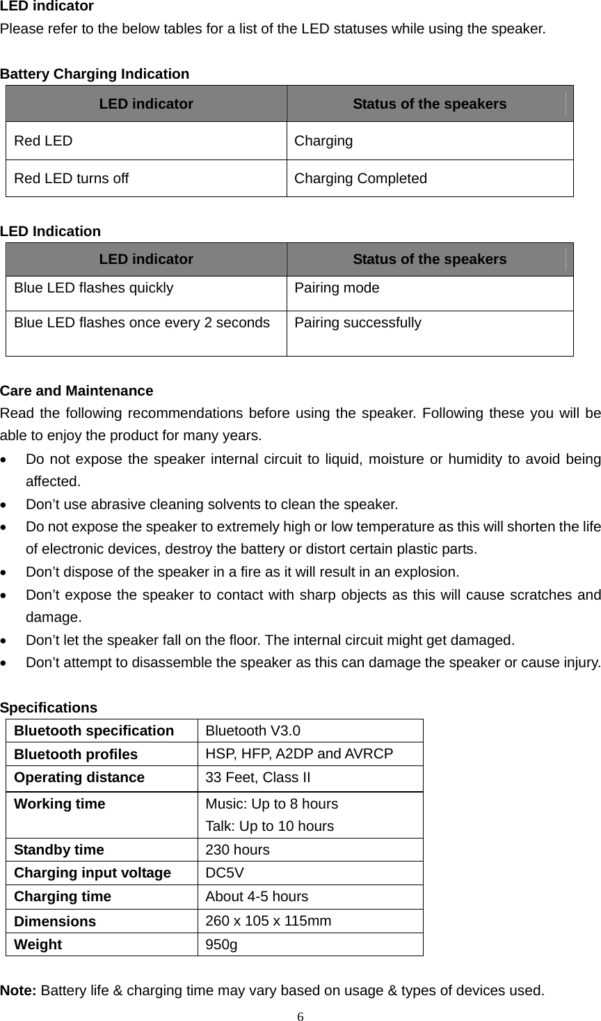  6  LED indicator Please refer to the below tables for a list of the LED statuses while using the speaker.  Battery Charging Indication LED indicator  Status of the speakers Red LED   Charging  Red LED turns off  Charging Completed  LED Indication LED indicator  Status of the speakers Blue LED flashes quickly  Pairing mode Blue LED flashes once every 2 seconds  Pairing successfully  Care and Maintenance Read the following recommendations before using the speaker. Following these you will be able to enjoy the product for many years. •  Do not expose the speaker internal circuit to liquid, moisture or humidity to avoid being affected. •  Don’t use abrasive cleaning solvents to clean the speaker. •  Do not expose the speaker to extremely high or low temperature as this will shorten the life of electronic devices, destroy the battery or distort certain plastic parts. •  Don’t dispose of the speaker in a fire as it will result in an explosion. •  Don’t expose the speaker to contact with sharp objects as this will cause scratches and damage. •  Don’t let the speaker fall on the floor. The internal circuit might get damaged. •  Don’t attempt to disassemble the speaker as this can damage the speaker or cause injury.  Specifications Bluetooth specification  Bluetooth V3.0 Bluetooth profiles  HSP, HFP, A2DP and AVRCP Operating distance  33 Feet, Class II Working time  Music: Up to 8 hours Talk: Up to 10 hours Standby time  230 hours Charging input voltage  DC5V Charging time  About 4-5 hours Dimensions  260 x 105 x 115mm Weight  950g  Note: Battery life &amp; charging time may vary based on usage &amp; types of devices used. 