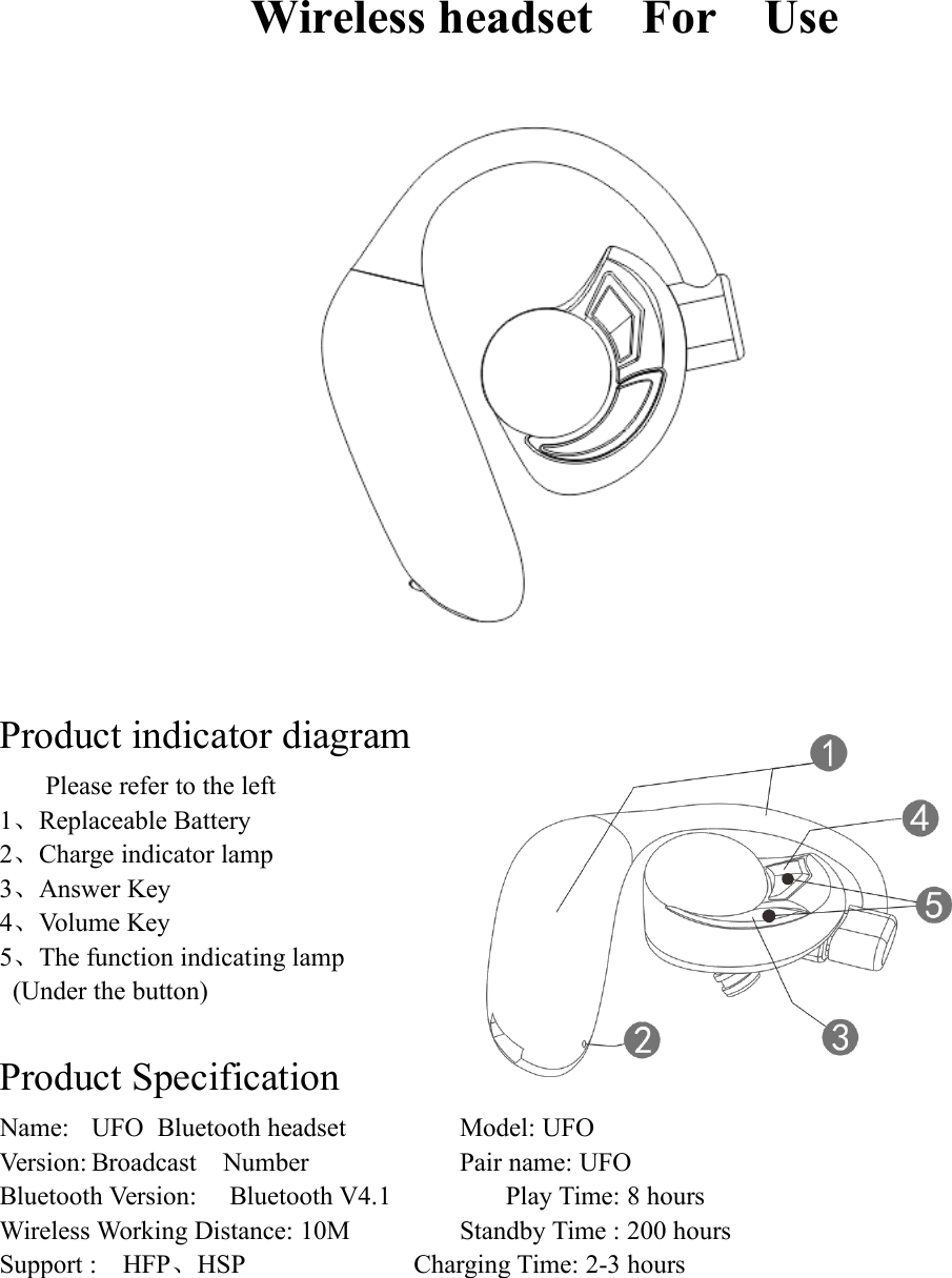 Wireless headset For UseProduct indicator diagramPlease refer to the left1、Replaceable Battery2、Charge indicator lamp3、Answer Key4、Volume Key5、The function indicating lamp(Under the button)Product SpecificationName: UFO Bluetooth headset Model: UFOVersion: Broadcast Number Pair name: UFOBluetooth Version: Bluetooth V4.1 Play Time: 8 hoursWireless Working Distance: 10M Standby Time : 200 hoursSupport : HFP、HSP Charging Time: 2-3 hours