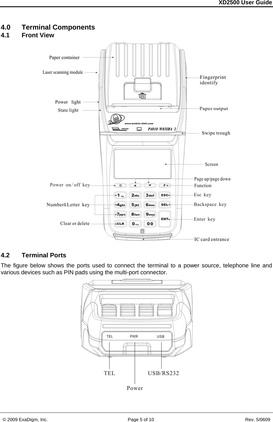 XD2500 User Guide    © 2009 ExaDigm, Inc.      Page 5 of 10                       Rev. 5/0609 4.0 Terminal Components 4.1 Front View  4.2 Terminal Ports The figure below shows the ports used to connect the terminal to a power source, telephone line and various devices such as PIN pads using the multi-port connector.   