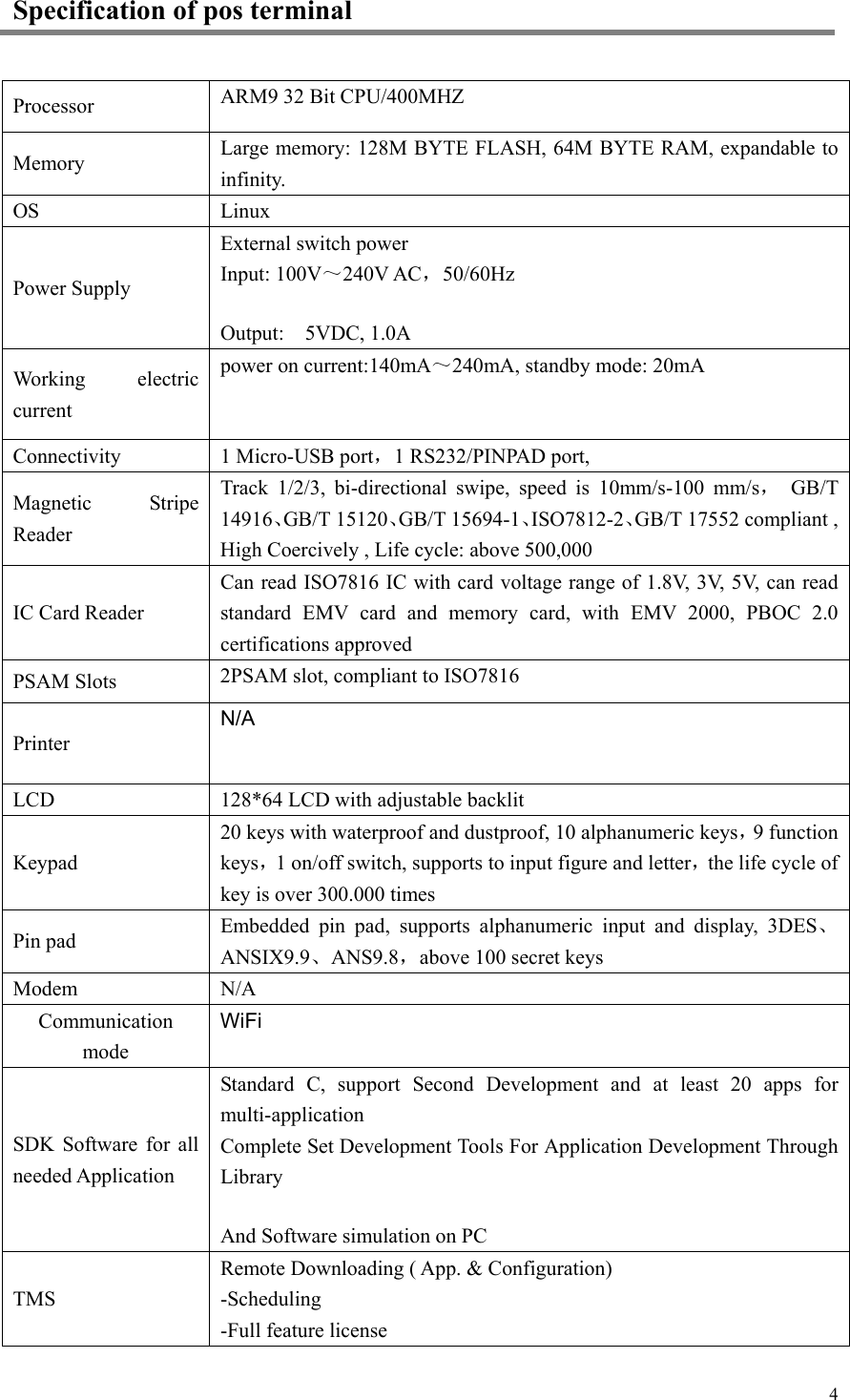 4 Specification of pos terminal Processor ARM9 32 Bit CPU/400MHZ Memory Large memory: 128M BYTE FLASH, 64M BYTE RAM, expandable to infinity. OS Linux Power Supply External switch power Input: 100V～240V AC，50/60Hz Output:    5VDC, 1.0A Working  electric current power on current:140mA～240mA, standby mode: 20mA Connectivity 1 Micro-USB port，1 RS232/PINPAD port, Magnetic  Stripe Reader Track  1/2/3,  bi-directional  swipe,  speed  is  10mm/s-100  mm/s， GB/T 14916、GB/T 15120、GB/T 15694-1、ISO7812-2、GB/T 17552 compliant , High Coercively , Life cycle: above 500,000 IC Card Reader Can read ISO7816 IC with card voltage range of 1.8V, 3V, 5V, can read standard EMV card and memory card, with EMV 2000, PBOC 2.0 certifications approved PSAM Slots 2PSAM slot, compliant to ISO7816 Printer N/A LCD 128*64 LCD with adjustable backlit Keypad 20 keys with waterproof and dustproof, 10 alphanumeric keys，9 function keys，1 on/off switch, supports to input figure and letter，the life cycle of key is over 300.000 times Pin pad Embedded  pin  pad,  supports  alphanumeric  input  and  display,  3DES、ANSIX9.9、ANS9.8，above 100 secret keys Modem N/A Communication mode WiFi SDK  Software  for  all needed Application Standard  C,  support  Second  Development  and  at  least  20  apps  for multi-application Complete Set Development Tools For Application Development Through Library And Software simulation on PC TMS Remote Downloading ( App. &amp; Configuration) -Scheduling-Full feature license