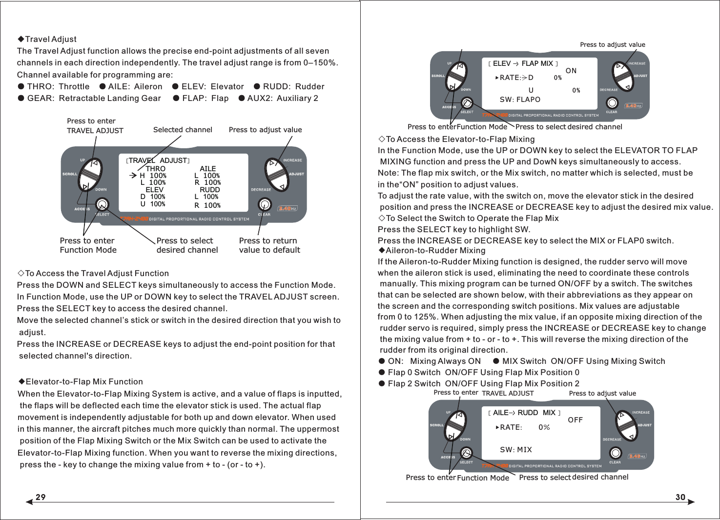 29 30◆Travel AdjustThe Travel Adjust function allows the precise end-point adjustments of all seven channels in each direction independently. The travel adjust range is from 0&ndash;150%.Channel available for programming are:● THRO:  Throttle    ● AILE:  Aileron    ● ELEV:  Elevator    ● RUDD:  Rudder● GEAR:  Retractable Landing Gear     ● FLAP:  Flap    ● AUX2:  Auxiliary 2 ◇To Access the Travel Adjust FunctionPress the DOWN and SELECT keys simultaneously to access the Function Mode.In Function Mode, use the UP or DOWN key to select the TRAVEL ADJUST screen.Press the SELECT key to access the desired channel.Move the selected channel&rsquo;s stick or switch in the desired direction that you wish to adjust.Press the INCREASE or DECREASE keys to adjust the end-point position for that selected channel's direction.◇To Access the Elevator-to-Flap MixingIn the Function Mode, use the UP or DOWN key to select the ELEVATOR TO FLAP MIXING function and press the UP and DowN keys simultaneously to access.Note: The flap mix switch, or the Mix switch, no matter which is selected, must be in the&ldquo;ON&rdquo; position to adjust values.To adjust the rate value, with the switch on, move the elevator stick in the desired position and press the INCREASE or DECREASE key to adjust the desired mix value.◇To Select the Switch to Operate the Flap MixPress the SELECT key to highlight SW.Press the INCREASE or DECREASE key to select the MIX or FLAP0 switch. [TRAVEL  ADJUST]THRO  H  100%L  100%ELEVD  100%U  100%AILE  L  100%R  100%RUDDL  100%Selected channelPress to enterTRAVEL ADJUSTPress to enterFunction ModePress to returnvalue to defaultPress to selectdesired channelR  100%Press to adjust value Press to enter TRAVEL ADJUST[ ELEV -  FLAP MIX ]Press to enterFunction Mode Press to select desired channelPress to adjust valueRATE:   D         0%SW: FLAPOU                 0%ON[ AILE-  RUDD  MIX ]Press to enter TRAVEL ADJUSTPress to enter Function Mode Press to select desired channelPress to adjust valueRATE:       0%SW: MIXOFF◆Elevator-to-Flap Mix FunctionWhen the Elevator-to-Flap Mixing System is active, and a value of flaps is inputted, the flaps will be deflected each time the elevator stick is used. The actual flap movement is independently adjustable for both up and down elevator. When used in this manner, the aircraft pitches much more quickly than normal. The uppermost position of the Flap Mixing Switch or the Mix Switch can be used to activate theElevator-to-Flap Mixing function. When you want to reverse the mixing directions, press the - key to change the mixing value from + to - (or - to +).◆Aileron-to-Rudder MixingIf the Aileron-to-Rudder Mixing function is designed, the rudder servo will move when the aileron stick is used, eliminating the need to coordinate these controls manually. This mixing program can be turned ON/OFF by a switch. The switches that can be selected are shown below, with their abbreviations as they appear on the screen and the corresponding switch positions. Mix values are adjustable from 0 to 125%. When adjusting the mix value, if an opposite mixing direction of the rudder servo is required, simply press the INCREASE or DECREASE key to change the mixing value from + to - or - to +. This will reverse the mixing direction of the rudder from its original direction.● ON:   Mixing Always ON     ● MIX Switch  ON/OFF Using Mixing Switch● Flap 0 Switch  ON/OFF Using Flap Mix Position 0● Flap 2 Switch  ON/OFF Using Flap Mix Position 2