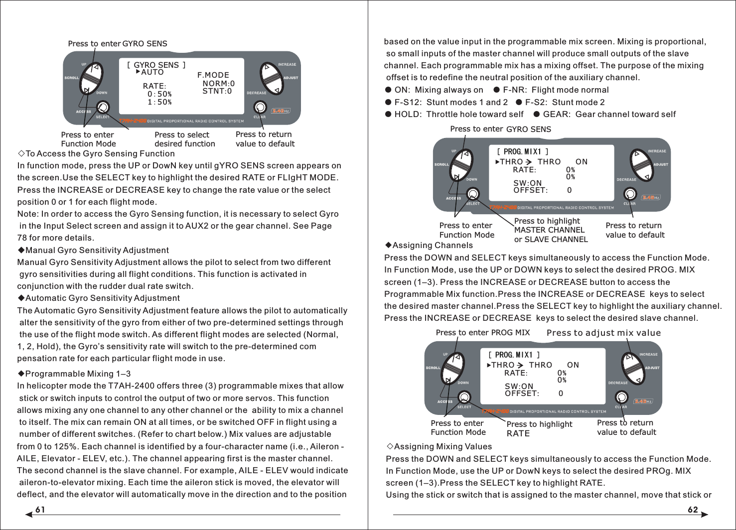 61 62◇To Access the Gyro Sensing FunctionIn function mode, press the UP or DowN key until gYRO SENS screen appears on the screen.Use the SELECT key to highlight the desired RATE or FLIgHT MODE.Press the INCREASE or DECREASE key to change the rate value or the select position 0 or 1 for each flight mode.Note: In order to access the Gyro Sensing function, it is necessary to select Gyro in the Input Select screen and assign it to AUX2 or the gear channel. See Page 78 for more details.◆Manual Gyro Sensitivity AdjustmentManual Gyro Sensitivity Adjustment allows the pilot to select from two different gyro sensitivities during all flight conditions. This function is activated in conjunction with the rudder dual rate switch.◆Automatic Gyro Sensitivity AdjustmentThe Automatic Gyro Sensitivity Adjustment feature allows the pilot to automatically alter the sensitivity of the gyro from either of two pre-determined settings through the use of the flight mode switch. As different flight modes are selected (Normal, 1, 2, Hold), the Gyro&rsquo;s sensitivity rate will switch to the pre-determined compensation rate for each particular flight mode in use. [ PROG.MIX1 ]Press to enter PROG MIXPress to enterFunction ModePress to return value to defaultRATE:            0%SW:ON 0% THRO  THRO  ONOFFSET:       0Press to highlightPress to adjust mix valueRATE[ PROG.MIX1 ]Press to enter GYRO SENSPress to enterFunction ModePress to return value to defaultRATE:            0%SW:ON 0% THRO  THRO  ONOFFSET:       0Press to highlightMASTER CHANNELor SLAVE CHANNEL[   ]GYRO SENSPress to enter GYRO SENSPress to enterFunction ModePress to selectdesired functionPress to return value to defaultRATE:1:50% 0:50% AUTO F.MODE NORM:0STNT:0◆Programmable Mixing 1&ndash;3In helicopter mode the T7AH-2400 offers three (3) programmable mixes that allow stick or switch inputs to control the output of two or more servos. This function allows mixing any one channel to any other channel or the  ability to mix a channel to itself. The mix can remain ON at all times, or be switched OFF in flight using a number of different switches. (Refer to chart below.) Mix values are adjustable from 0 to 125%. Each channel is identified by a four-character name (i.e., Aileron - AILE, Elevator - ELEV, etc.). The channel appearing first is the master channel. The second channel is the slave channel. For example, AILE - ELEV would indicate aileron-to-elevator mixing. Each time the aileron stick is moved, the elevator will deflect, and the elevator will automatically move in the direction and to the position based on the value input in the programmable mix screen. Mixing is proportional, so small inputs of the master channel will produce small outputs of the slave channel. Each programmable mix has a mixing offset. The purpose of the mixing offset is to redefine the neutral position of the auxiliary channel.● ON:  Mixing always on    ● F-NR:  Flight mode normal● F-S12:  Stunt modes 1 and 2   ● F-S2:  Stunt mode 2● HOLD:  Throttle hole toward self    ● GEAR:  Gear channel toward self◆Assigning ChannelsPress the DOWN and SELECT keys simultaneously to access the Function Mode.In Function Mode, use the UP or DOWN keys to select the desired PROG. MIX screen (1&ndash;3). Press the INCREASE or DECREASE button to access the Programmable Mix function.Press the INCREASE or DECREASE  keys to selectthe desired master channel.Press the SELECT key to highlight the auxiliary channel.Press the INCREASE or DECREASE  keys to select the desired slave channel.◇Assigning Mixing ValuesPress the DOWN and SELECT keys simultaneously to access the Function Mode.In Function Mode, use the UP or DowN keys to select the desired PROg. MIX screen (1&ndash;3).Press the SELECT key to highlight RATE.Using the stick or switch that is assigned to the master channel, move that stick or