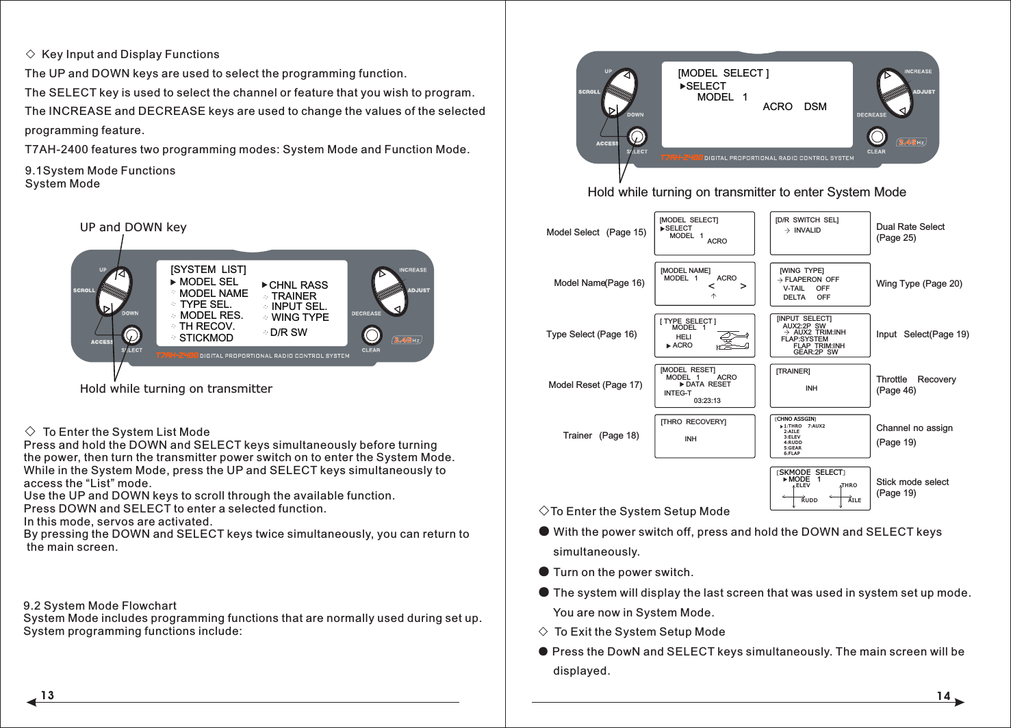 13 14◇ Key Input and Display FunctionsThe UP and DOWN keys are used to select the programming function.The SELECT key is used to select the channel or feature that you wish to program.The INCREASE and DECREASE keys are used to change the values of the selected  programming feature.T7AH-2400 features two programming modes: System Mode and Function Mode.9.1System Mode FunctionsSystem Mode◇ To Enter the System List ModePress and hold the DOWN and SELECT keys simultaneously before turning the power, then turn the transmitter power switch on to enter the System Mode.While in the System Mode, press the UP and SELECT keys simultaneously to access the &ldquo;List&rdquo; mode.Use the UP and DOWN keys to scroll through the available function.Press DOWN and SELECT to enter a selected function.In this mode, servos are activated.By pressing the DOWN and SELECT keys twice simultaneously, you can return to the main screen.◇To Enter the System Setup Mode● With the power switch off, press and hold the DOWN and SELECT keys      simultaneously.● Turn on the power switch.● The system will display the last screen that was used in system set up mode.      You are now in System Mode.◇ To Exit the System Setup Mode● Press the DowN and SELECT keys simultaneously. The main screen will be      displayed.[MODEL  SELECT ]SELECTMODEL   1ACRO    DSM       Hold while turning on transmitter to enter System Mode[MODEL NAME]MODEL   1          ACRO<        >[MODEL  SELECT]SELECTMODEL   1ACRO    [ TYPE  SELECT ]MODEL   1HELIACRO[THRO  RECOVERY]INH [MODEL  RESET]MODEL   1         ACRO     DATA  RESETINTEG-T03:23:13[D/R  SWITCH  SEL]INVALID[WING  TYPE]   FLAPERON  OFFDELTA      OFFV-TAIL      OFF[TRAINER]INH[INPUT  SELECT]AUX2:2P  SWAUX2  TRIM:INHFLAP:SYSTEMFLAP  TRIM:INHGEAR:2P  SWModel Select  (Page 15)Model Name (Page 16)Type Select (Page 16)Model Reset (Page 17)Trainer  (Page 18)Dual Rate Select (Page 25)Wing Type (Page 20)Input Select  (Page 19)Throttle Recovery(Page 46)[SYSTEM  LIST]TRAINERINPUT SEL.WING TYPEMODEL SELMODEL NAMETYPE SEL.MODEL RES.UP and DOWN keyHold while turning on transmitterD/R SWTH RECOV.STICKMODCHNL RASS[SKMODE  SELECT]ELEVRUDDTHROAILEMODE   1[CHNO ASSGIN]1:TH RO2:AILE3:EL EV4:RU DD5:GE AR6:FLAP7:AU X2(Page 19)Stick mode select(Page 19)Channel no assign9.2 System Mode FlowchartSystem Mode includes programming functions that are normally used during set up. System programming functions include: