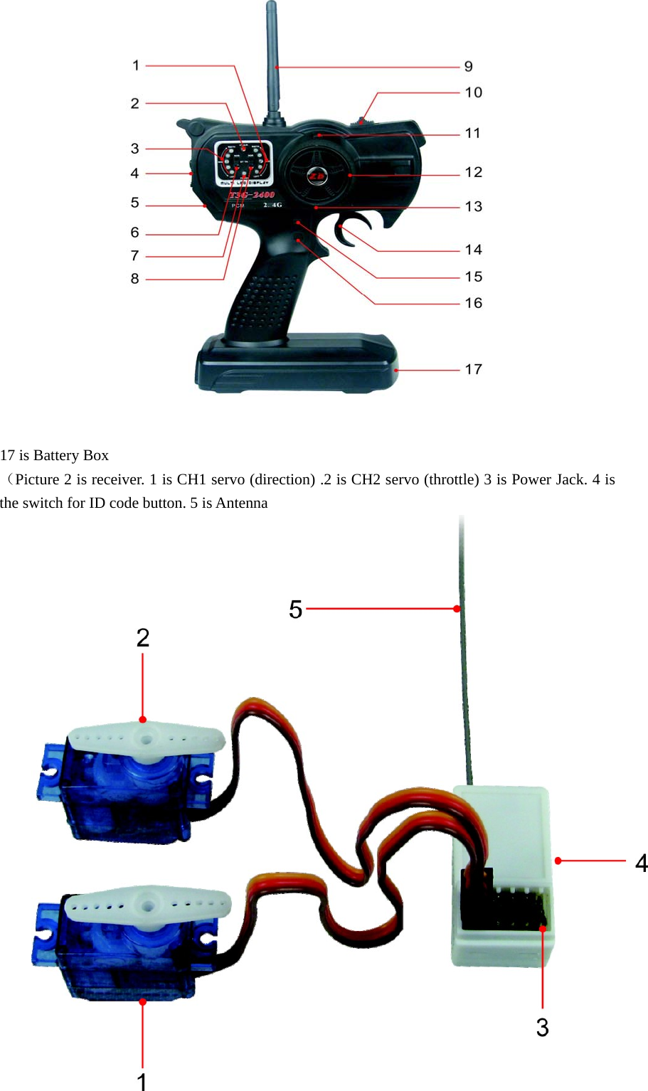 17 is Battery Box  （Picture 2 is receiver. 1 is CH1 servo (direction) .2 is CH2 servo (throttle) 3 is Power Jack. 4 is the switch for ID code button. 5 is Antenna   
