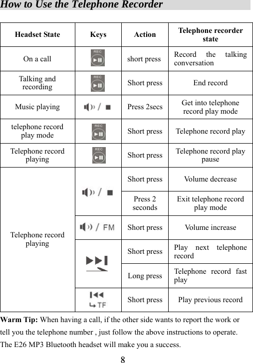  8How to Use the Telephone Recorder                    Headset State  Keys  Action  Telephone recorder state On a call  short press Record the talking conversation Talking and recording  Short press End record Music playing  Press 2secs Get into telephone record play mode telephone record play mode  Short press Telephone record playTelephone record playing  Short press Telephone record play pause Short press Volume decrease  Press 2 seconds Exit telephone record play mode  Short press Volume increase Short press Play next telephone record  Long press Telephone record fast play Telephone record playing  Short press Play previous record Warm Tip: When having a call, if the other side wants to report the work or tell you the telephone number , just follow the above instructions to operate. The E26 MP3 Bluetooth headset will make you a success. 