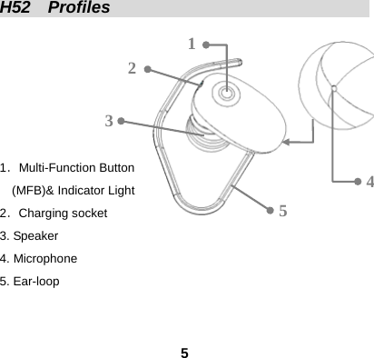  5H52  Profiles                                             1．Multi-Function Button   (MFB)&amp; Indicator Light 2．Charging socket 3. Speaker 4. Microphone 5. Ear-loop   1 2 3 4 5 