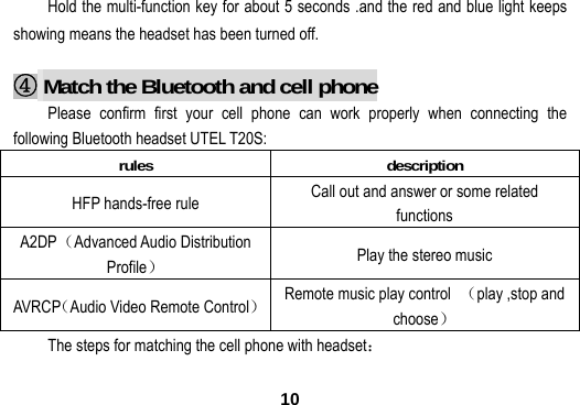  10Hold the multi-function key for about 5 seconds .and the red and blue light keeps showing means the headset has been turned off.  ④ Match the Bluetooth and cell phone Please confirm first your cell phone can work properly when connecting the following Bluetooth headset UTEL T20S: rules description HFP hands-free rule  Call out and answer or some related functions A2DP（Advanced Audio Distribution Profile） Play the stereo music AVRCP（Audio Video Remote Control） Remote music play control  （play ,stop and choose） The steps for matching the cell phone with headset： 