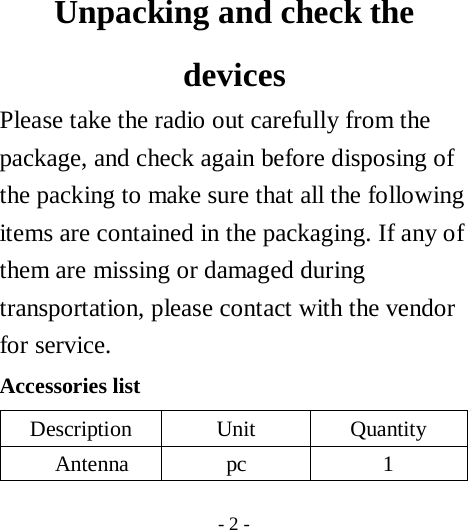  - 2 -    Unpacking and check the devices  Please take the radio out carefully from the package, and check again before disposing of the packing to make sure that all the following items are contained in the packaging. If any of them are missing or damaged during transportation, please contact with the vendor for service.   Accessories list Description Unit  Quantity Antenna pc  1 