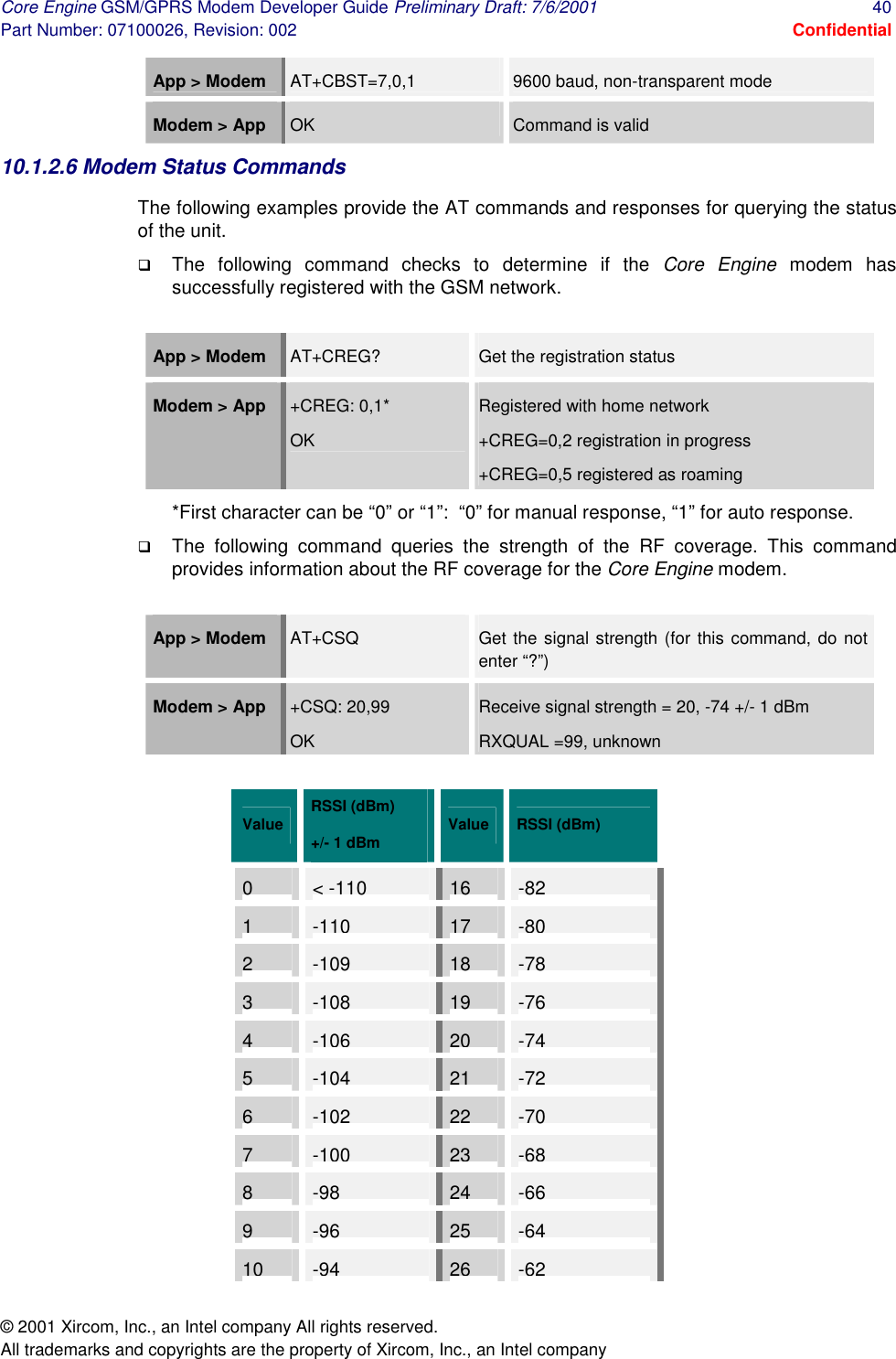 Core Engine GSM/GPRS Modem Developer Guide Preliminary Draft: 7/6/2001  40 Part Number: 07100026, Revision: 002  Confidential © 2001 Xircom, Inc., an Intel company All rights reserved.  All trademarks and copyrights are the property of Xircom, Inc., an Intel company App &gt; Modem   AT+CBST=7,0,1  9600 baud, non-transparent mode Modem &gt; App  OK  Command is valid 10.1.2.6 Modem Status Commands The following examples provide the AT commands and responses for querying the status of the unit. !  The following command checks to determine if the Core Engine modem has successfully registered with the GSM network.  App &gt; Modem   AT+CREG?  Get the registration status Modem &gt; App  +CREG: 0,1* OK Registered with home network +CREG=0,2 registration in progress +CREG=0,5 registered as roaming *First character can be “0” or “1”:  “0” for manual response, “1” for auto response. !  The following command queries the strength of the RF coverage. This command provides information about the RF coverage for the Core Engine modem.  App &gt; Modem   AT+CSQ  Get the signal strength (for this command, do not enter “?”) Modem &gt; App  +CSQ: 20,99 OK Receive signal strength = 20, -74 +/- 1 dBm RXQUAL =99, unknown   Value  RSSI (dBm) +/- 1 dBm  Value  RSSI (dBm) 0&lt;-11016-821-11017-802-10918-783-10819-764-10620-745-10421-726-10222-707-10023-688-9824-669-9625-6410-9426-62