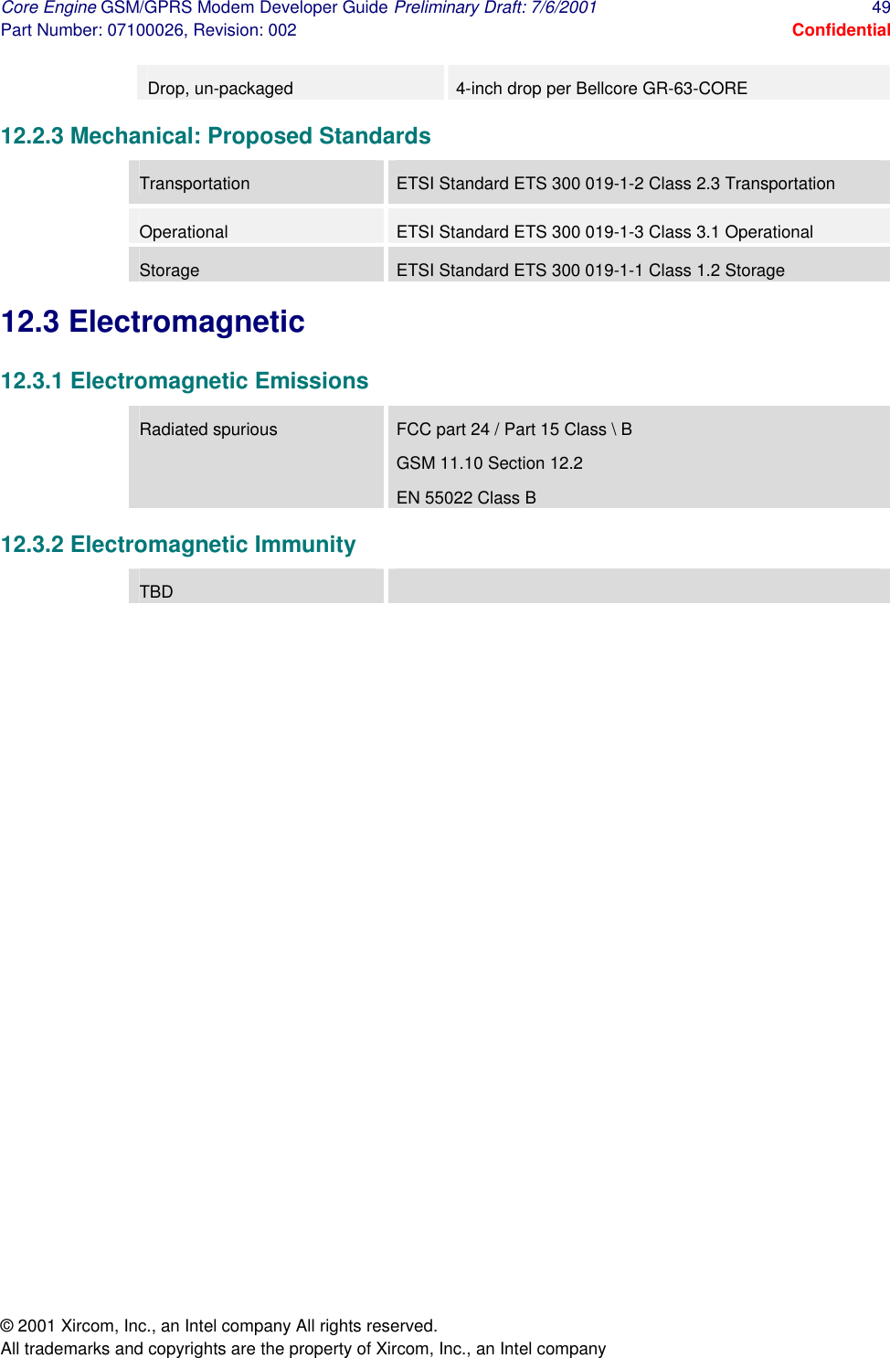 Core Engine GSM/GPRS Modem Developer Guide Preliminary Draft: 7/6/2001  49 Part Number: 07100026, Revision: 002  Confidential © 2001 Xircom, Inc., an Intel company All rights reserved.  All trademarks and copyrights are the property of Xircom, Inc., an Intel company Drop, un-packaged 4-inch drop per Bellcore GR-63-CORE 12.2.3 Mechanical: Proposed Standards Transportation  ETSI Standard ETS 300 019-1-2 Class 2.3 Transportation Operational  ETSI Standard ETS 300 019-1-3 Class 3.1 Operational Storage  ETSI Standard ETS 300 019-1-1 Class 1.2 Storage 12.3 Electromagnetic 12.3.1 Electromagnetic Emissions Radiated spurious FCC part 24 / Part 15 Class \ B GSM 11.10 Section 12.2 EN 55022 Class B 12.3.2 Electromagnetic Immunity  TBD    