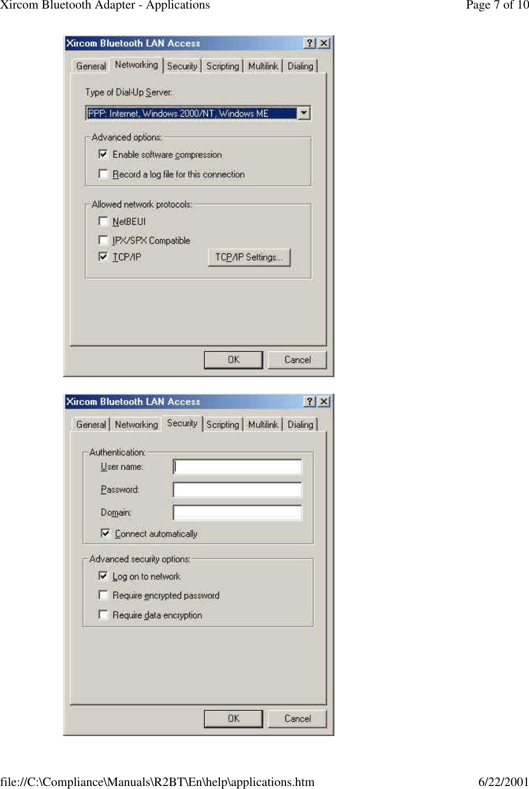  Page 7 of 10Xircom Bluetooth Adapter - Applications6/22/2001file://C:\Compliance\Manuals\R2BT\En\help\applications.htm
