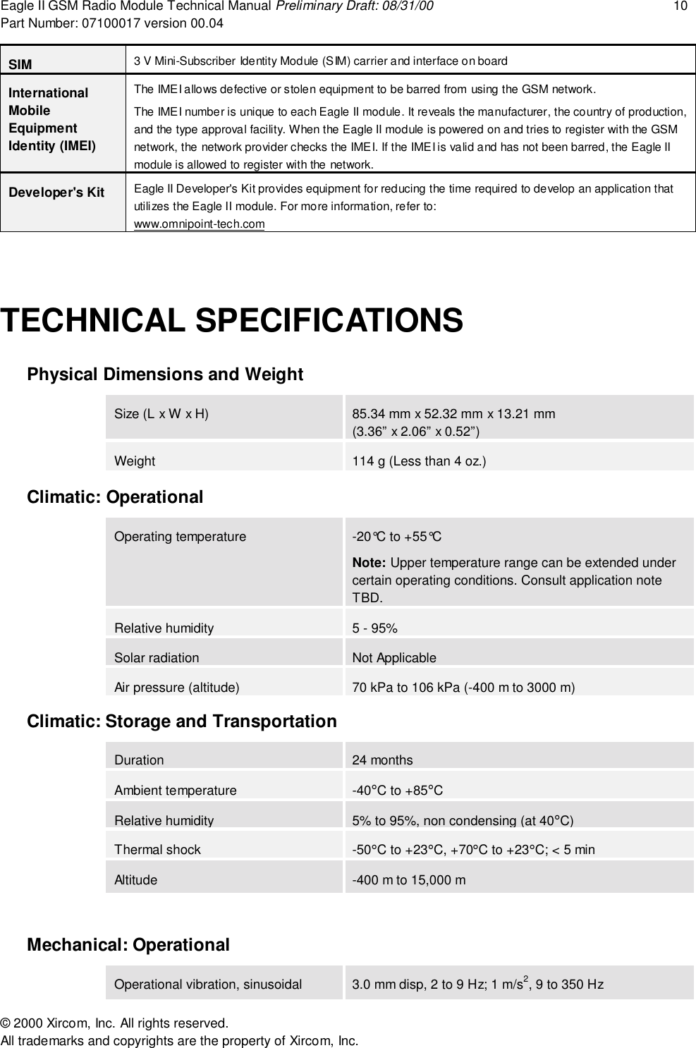 Eagle II GSM Radio Module Technical Manual Preliminary Draft: 08/31/00 10Part Number: 07100017 version 00.04&copy; 2000 Xircom, Inc. All rights reserved.All trademarks and copyrights are the property of Xircom, Inc.SIM 3 V Mini-Subscriber Identity Module (SIM) carrier and interface on boardInternationalMobileEquipmentIdentity (IMEI)The IMEI allows defective or stolen equipment to be barred from using the GSM network.The IMEI number is unique to each Eagle II module. It reveals the manufacturer, the country of production,and the type approval facility. When the Eagle II module is powered on and tries to register with the GSMnetwork, the network provider checks the IMEI. If the IMEI is valid and has not been barred, the Eagle IImodule is allowed to register with the network.Developer's Kit Eagle II Developer's Kit provides equipment for reducing the time required to develop an application thatutilizes the Eagle II module. For more information, refer to:www.omnipoint-tech.comTECHNICAL SPECIFICATIONSPhysical Dimensions and WeightSize (L x W x H) 85.34 mm x 52.32 mm x 13.21 mm(3.36&rdquo; x 2.06&rdquo; x 0.52&rdquo;)Weight 114 g (Less than 4 oz.)Climatic: OperationalOperating temperature -20&deg;C to +55&deg;CNote: Upper temperature range can be extended undercertain operating conditions. Consult application noteTBD.Relative humidity 5 - 95%Solar radiation Not ApplicableAir pressure (altitude) 70 kPa to 106 kPa (-400 m to 3000 m)Climatic: Storage and TransportationDuration 24 monthsAmbient temperature -40&deg;C to +85&deg;CRelative humidity 5% to 95%, non condensing (at 40&deg;C)Thermal shock -50&deg;C to +23&deg;C, +70&deg;C to +23&deg;C; < 5 minAltitude -400 m to 15,000 mMechanical: OperationalOperational vibration, sinusoidal 3.0 mm disp, 2 to 9 Hz; 1 m/s2, 9 to 350 Hz