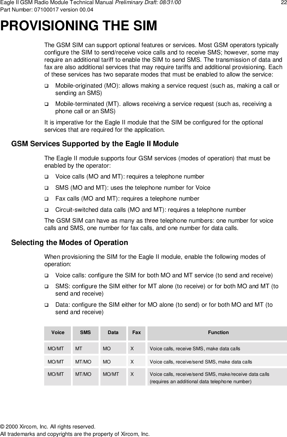 Eagle II GSM Radio Module Technical Manual Preliminary Draft: 08/31/00 22Part Number: 07100017 version 00.04&copy; 2000 Xircom, Inc. All rights reserved.All trademarks and copyrights are the property of Xircom, Inc.PROVISIONING THE SIMThe GSM SIM can support optional features or services. Most GSM operators typicallyconfigure the SIM to send/receive voice calls and to receive SMS; however, some mayrequire an additional tariff to enable the SIM to send SMS. The transmission of data andfax are also additional services that may require tariffs and additional provisioning. Eachof these services has two separate modes that must be enabled to allow the service:! Mobile-originated (MO): allows making a service request (such as, making a call orsending an SMS)! Mobile-terminated (MT). allows receiving a service request (such as, receiving aphone call or an SMS)It is imperative for the Eagle II module that the SIM be configured for the optionalservices that are required for the application.GSM Services Supported by the Eagle II ModuleThe Eagle II module supports four GSM services (modes of operation) that must beenabled by the operator:! Voice calls (MO and MT): requires a telephone number! SMS (MO and MT): uses the telephone number for Voice! Fax calls (MO and MT): requires a telephone number! Circuit-switched data calls (MO and MT): requires a telephone numberThe GSM SIM can have as many as three telephone numbers: one number for voicecalls and SMS, one number for fax calls, and one number for data calls.Selecting the Modes of OperationWhen provisioning the SIM for the Eagle II module, enable the following modes ofoperation:! Voice calls: configure the SIM for both MO and MT service (to send and receive)! SMS: configure the SIM either for MT alone (to receive) or for both MO and MT (tosend and receive)! Data: configure the SIM either for MO alone (to send) or for both MO and MT (tosend and receive)Voice SMS Data Fax FunctionMO/MT MT MO XVoice calls, receive SMS, make data callsMO/MT MT/MO MO XVoice calls, receive/send SMS, make data callsMO/MT MT/MO MO/MT XVoice calls, receive/send SMS, make/receive data calls(requires an additional data telephone number)
