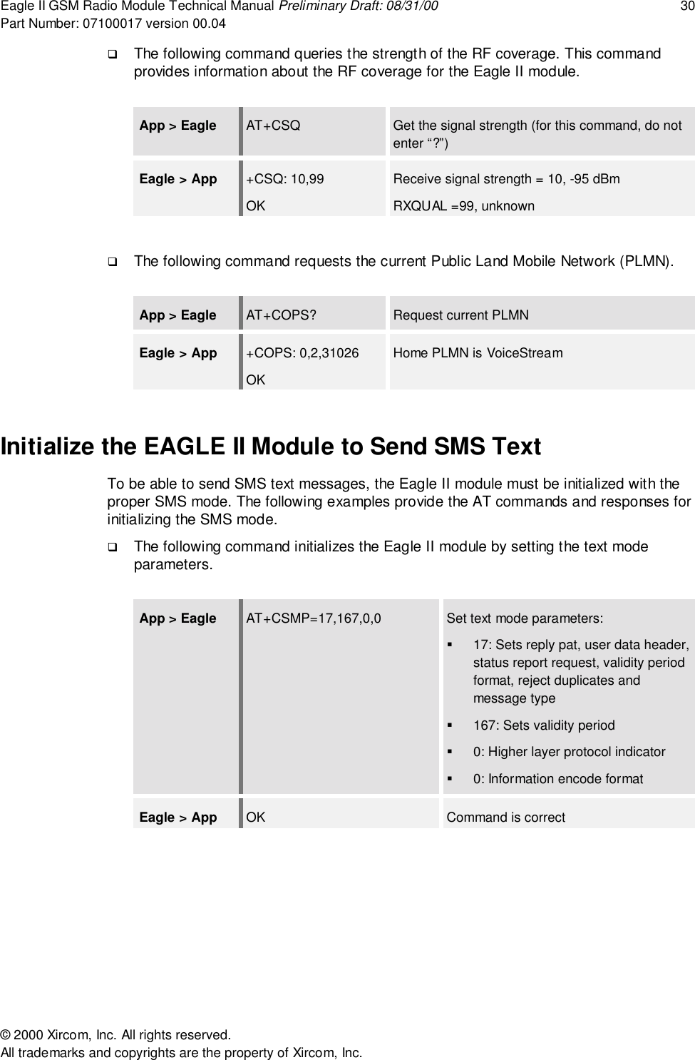 Eagle II GSM Radio Module Technical Manual Preliminary Draft: 08/31/00 30Part Number: 07100017 version 00.04&copy; 2000 Xircom, Inc. All rights reserved.All trademarks and copyrights are the property of Xircom, Inc.! The following command queries the strength of the RF coverage. This commandprovides information about the RF coverage for the Eagle II module.App > Eagle AT+CSQ Get the signal strength (for this command, do notenter &ldquo;?&rdquo;)Eagle > App +CSQ: 10,99OKReceive signal strength = 10, -95 dBmRXQUAL =99, unknown! The following command requests the current Public Land Mobile Network (PLMN).App > Eagle AT+COPS? Request current PLMNEagle > App +COPS: 0,2,31026OKHome PLMN is VoiceStreamInitialize the EAGLE II Module to Send SMS TextTo be able to send SMS text messages, the Eagle II module must be initialized with theproper SMS mode. The following examples provide the AT commands and responses forinitializing the SMS mode.! The following command initializes the Eagle II module by setting the text modeparameters.App > Eagle AT+CSMP=17,167,0,0 Set text mode parameters:"  17: Sets reply pat, user data header,status report request, validity periodformat, reject duplicates andmessage type"  167: Sets validity period"  0: Higher layer protocol indicator"  0: Information encode formatEagle > App OK Command is correct