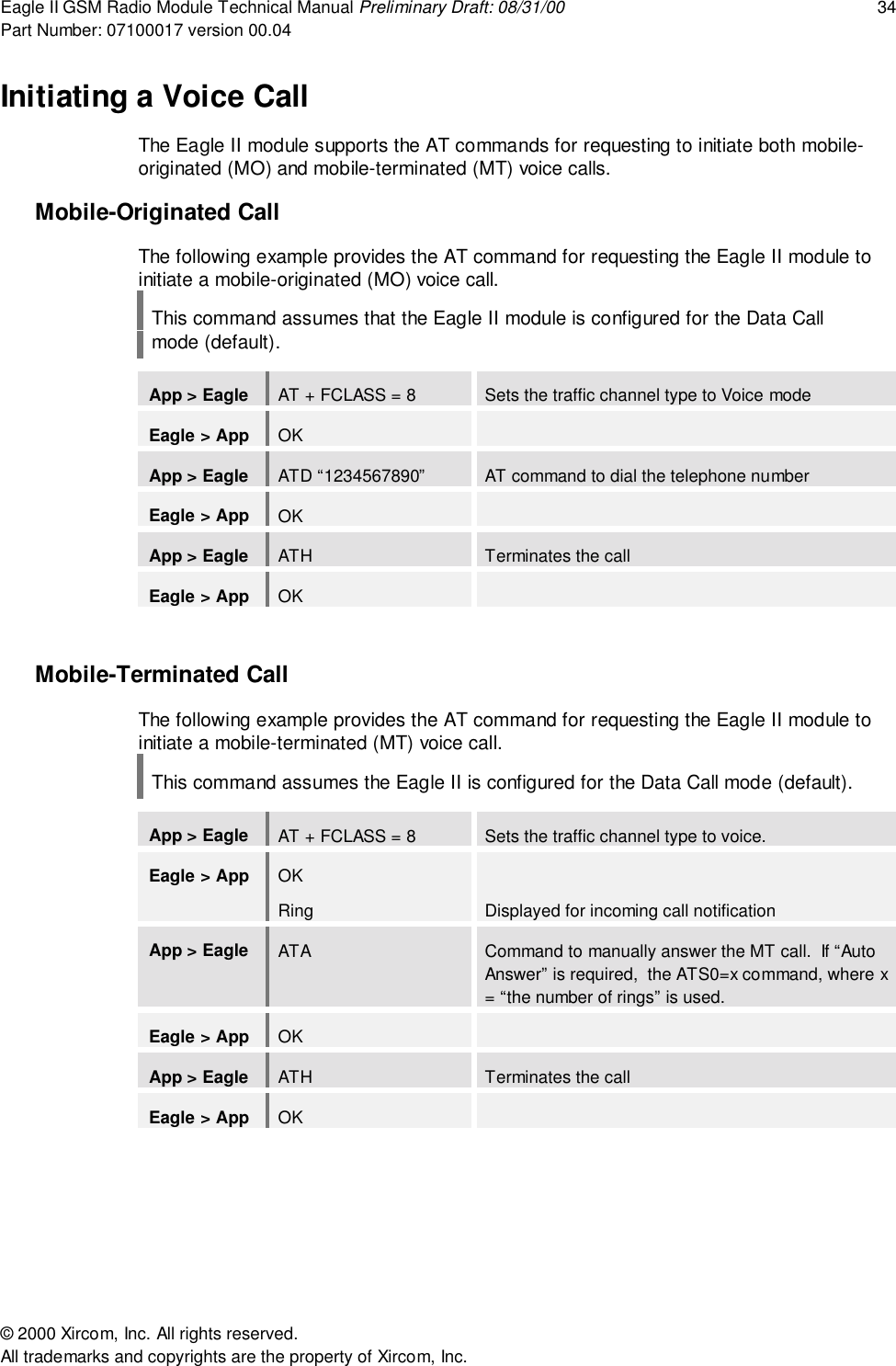 Eagle II GSM Radio Module Technical Manual Preliminary Draft: 08/31/00 34Part Number: 07100017 version 00.04&copy; 2000 Xircom, Inc. All rights reserved.All trademarks and copyrights are the property of Xircom, Inc.Initiating a Voice CallThe Eagle II module supports the AT commands for requesting to initiate both mobile-originated (MO) and mobile-terminated (MT) voice calls.Mobile-Originated CallThe following example provides the AT command for requesting the Eagle II module toinitiate a mobile-originated (MO) voice call.This command assumes that the Eagle II module is configured for the Data Callmode (default).App > Eagle AT + FCLASS = 8 Sets the traffic channel type to Voice modeEagle > App OKApp > Eagle ATD &ldquo;1234567890&rdquo; AT command to dial the telephone numberEagle > App OKApp > Eagle ATH Terminates the callEagle > App OKMobile-Terminated CallThe following example provides the AT command for requesting the Eagle II module toinitiate a mobile-terminated (MT) voice call.This command assumes the Eagle II is configured for the Data Call mode (default).App > Eagle AT + FCLASS = 8 Sets the traffic channel type to voice.Eagle > App OKRing Displayed for incoming call notificationApp > Eagle ATA Command to manually answer the MT call.  If &ldquo;AutoAnswer&rdquo; is required,  the ATS0=x command, where x= &ldquo;the number of rings&rdquo; is used.Eagle > App OKApp > Eagle ATH Terminates the callEagle > App OK