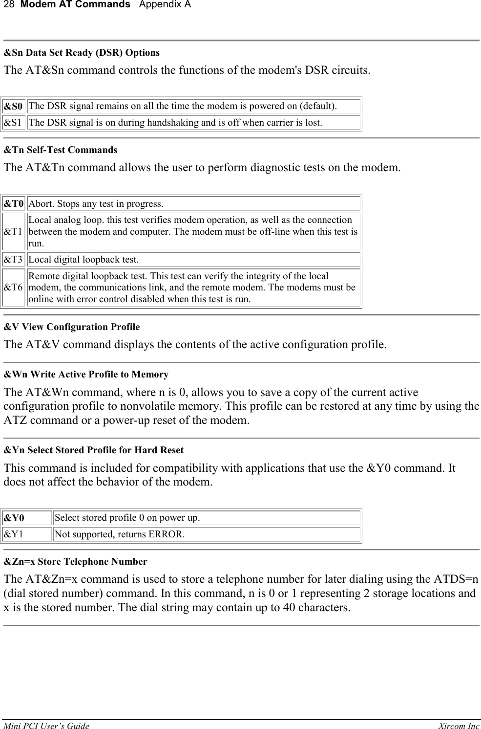 28  Modem AT Commands   Appendix A   Mini PCI User&rsquo;s Guide                                                                                                              Xircom Inc                                 &amp;Sn Data Set Ready (DSR) Options  The AT&amp;Sn command controls the functions of the modem's DSR circuits.    &amp;S0  The DSR signal remains on all the time the modem is powered on (default).   &amp;S1  The DSR signal is on during handshaking and is off when carrier is lost.   &amp;Tn Self-Test Commands  The AT&amp;Tn command allows the user to perform diagnostic tests on the modem.    &amp;T0 Abort. Stops any test in progress.  &amp;T1  Local analog loop. this test verifies modem operation, as well as the connection between the modem and computer. The modem must be off-line when this test is run.   &amp;T3  Local digital loopback test.  &amp;T6  Remote digital loopback test. This test can verify the integrity of the local modem, the communications link, and the remote modem. The modems must be online with error control disabled when this test is run.   &amp;V View Configuration Profile  The AT&amp;V command displays the contents of the active configuration profile.   &amp;Wn Write Active Profile to Memory  The AT&amp;Wn command, where n is 0, allows you to save a copy of the current active configuration profile to nonvolatile memory. This profile can be restored at any time by using the ATZ command or a power-up reset of the modem.   &amp;Yn Select Stored Profile for Hard Reset  This command is included for compatibility with applications that use the &amp;Y0 command. It does not affect the behavior of the modem.    &amp;Y0  Select stored profile 0 on power up.  &amp;Y1  Not supported, returns ERROR.   &amp;Zn=x Store Telephone Number  The AT&amp;Zn=x command is used to store a telephone number for later dialing using the ATDS=n (dial stored number) command. In this command, n is 0 or 1 representing 2 storage locations and x is the stored number. The dial string may contain up to 40 characters.   