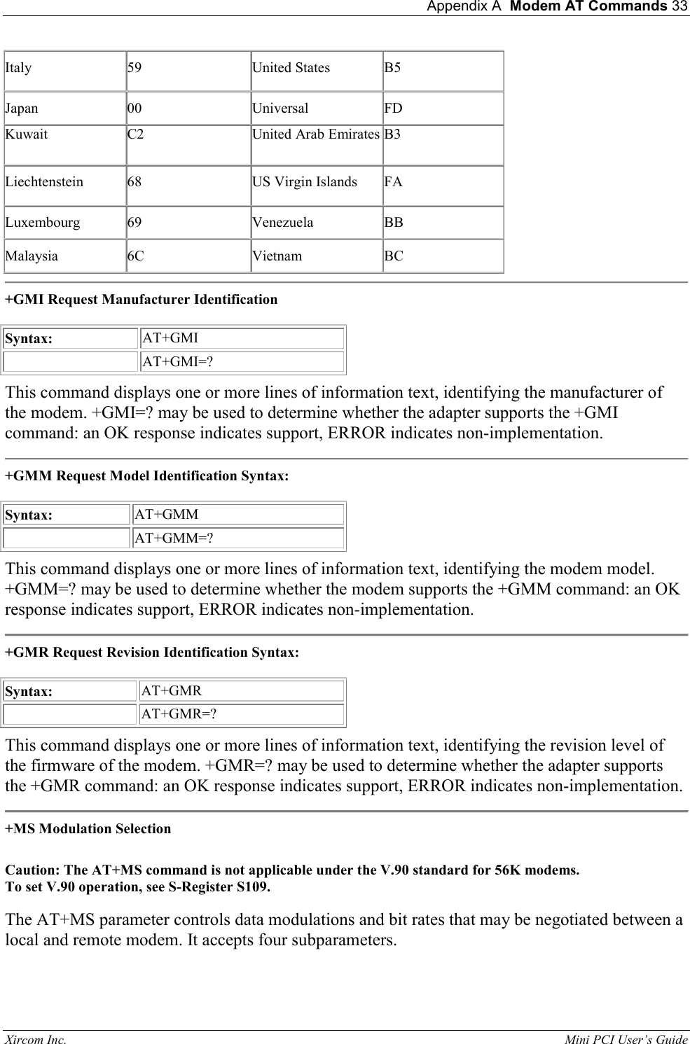  Appendix A  Modem AT Commands 33 Xircom Inc.                                                                                                           Mini PCI User&rsquo;s Guide Italy  59  United States  B5  Japan  00  Universal  FD  Kuwait C2 United Arab Emirates B3 Liechtenstein  68  US Virgin Islands  FA  Luxembourg  69  Venezuela  BB  Malaysia  6C  Vietnam  BC   +GMI Request Manufacturer Identification    Syntax:  AT+GMI    AT+GMI=?   This command displays one or more lines of information text, identifying the manufacturer of the modem. +GMI=? may be used to determine whether the adapter supports the +GMI command: an OK response indicates support, ERROR indicates non-implementation.   +GMM Request Model Identification Syntax:    Syntax:  AT+GMM    AT+GMM=?   This command displays one or more lines of information text, identifying the modem model. +GMM=? may be used to determine whether the modem supports the +GMM command: an OK response indicates support, ERROR indicates non-implementation.   +GMR Request Revision Identification Syntax:    Syntax:  AT+GMR    AT+GMR=?  This command displays one or more lines of information text, identifying the revision level of the firmware of the modem. +GMR=? may be used to determine whether the adapter supports the +GMR command: an OK response indicates support, ERROR indicates non-implementation.   +MS Modulation Selection    Caution: The AT+MS command is not applicable under the V.90 standard for 56K modems. To set V.90 operation, see S-Register S109.  The AT+MS parameter controls data modulations and bit rates that may be negotiated between a local and remote modem. It accepts four subparameters.    