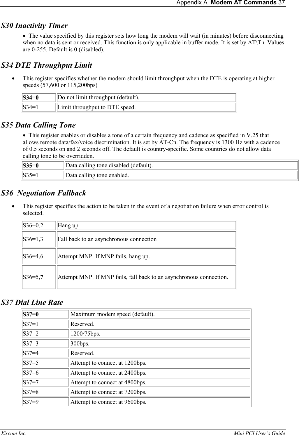  Appendix A  Modem AT Commands 37 Xircom Inc.                                                                                                           Mini PCI User&rsquo;s Guide S30 Inactivity Timer &bull;  The value specified by this register sets how long the modem will wait (in minutes) before disconnecting when no data is sent or received. This function is only applicable in buffer mode. It is set by AT\Tn. Values are 0-255. Default is 0 (disabled).  S34 DTE Throughput Limit &bull;  This register specifies whether the modem should limit throughput when the DTE is operating at higher speeds (57,600 or 115,200bps)  S34=0 Do not limit throughput (default). S34=1 Limit throughput to DTE speed. S35 Data Calling Tone &bull;  This register enables or disables a tone of a certain frequency and cadence as specified in V.25 that allows remote data/fax/voice discrimination. It is set by AT-Cn. The frequency is 1300 Hz with a cadence of 0.5 seconds on and 2 seconds off. The default is country-specific. Some countries do not allow data calling tone to be overridden.  S35=0 Data calling tone disabled (default). S35=1 Data calling tone enabled. S36  Negotiation Fallback &bull;  This register specifies the action to be taken in the event of a negotiation failure when error control is selected. S36=0,2 Hang up S36=1,3 Fall back to an asynchronous connection S36=4,6 Attempt MNP. If MNP fails, hang up. S36=5,7 Attempt MNP. If MNP fails, fall back to an asynchronous connection. S37 Dial Line Rate S37=0 Maximum modem speed (default). S37=1  Reserved. S37=2  1200/75bps.  S37=3  300bps.  S37=4  Reserved. S37=5 Attempt to connect at 1200bps. S37=6  Attempt to connect at 2400bps. S37=7  Attempt to connect at 4800bps. S37=8 Attempt to connect at 7200bps. S37=9  Attempt to connect at 9600bps.  