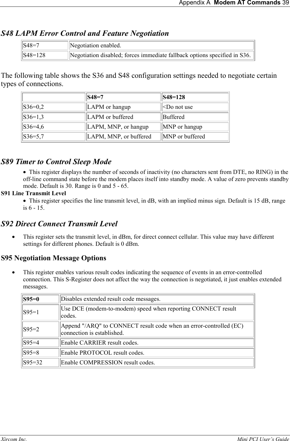  Appendix A  Modem AT Commands 39 Xircom Inc.                                                                                                           Mini PCI User&rsquo;s Guide S48 LAPM Error Control and Feature Negotiation S48=7 Negotiation enabled. S48=128 Negotiation disabled; forces immediate fallback options specified in S36.    The following table shows the S36 and S48 configuration settings needed to negotiate certain types of connections.    S48=7 S48=128 S36=0,2 LAPM or hangup <Do not use S36=1,3 LAPM or buffered Buffered S36=4,6 LAPM, MNP, or hangup MNP or hangup S36=5,7 LAPM, MNP, or buffered MNP or buffered    S89 Timer to Control Sleep Mode &bull;  This register displays the number of seconds of inactivity (no characters sent from DTE, no RING) in the off-line command state before the modem places itself into standby mode. A value of zero prevents standby mode. Default is 30. Range is 0 and 5 - 65.  S91 Line Transmit Level  &bull;  This register specifies the line transmit level, in dB, with an implied minus sign. Default is 15 dB, range is 6 - 15.  S92 Direct Connect Transmit Level &bull;  This register sets the transmit level, in dBm, for direct connect cellular. This value may have different settings for different phones. Default is 0 dBm. S95 Negotiation Message Options &bull;  This register enables various result codes indicating the sequence of events in an error-controlled connection. This S-Register does not affect the way the connection is negotiated, it just enables extended messages. S95=0 Disables extended result code messages. S95=1 Use DCE (modem-to-modem) speed when reporting CONNECT result codes. S95=2 Append "/ARQ" to CONNECT result code when an error-controlled (EC) connection is established. S95=4 Enable CARRIER result codes. S95=8 Enable PROTOCOL result codes. S95=32 Enable COMPRESSION result codes.  