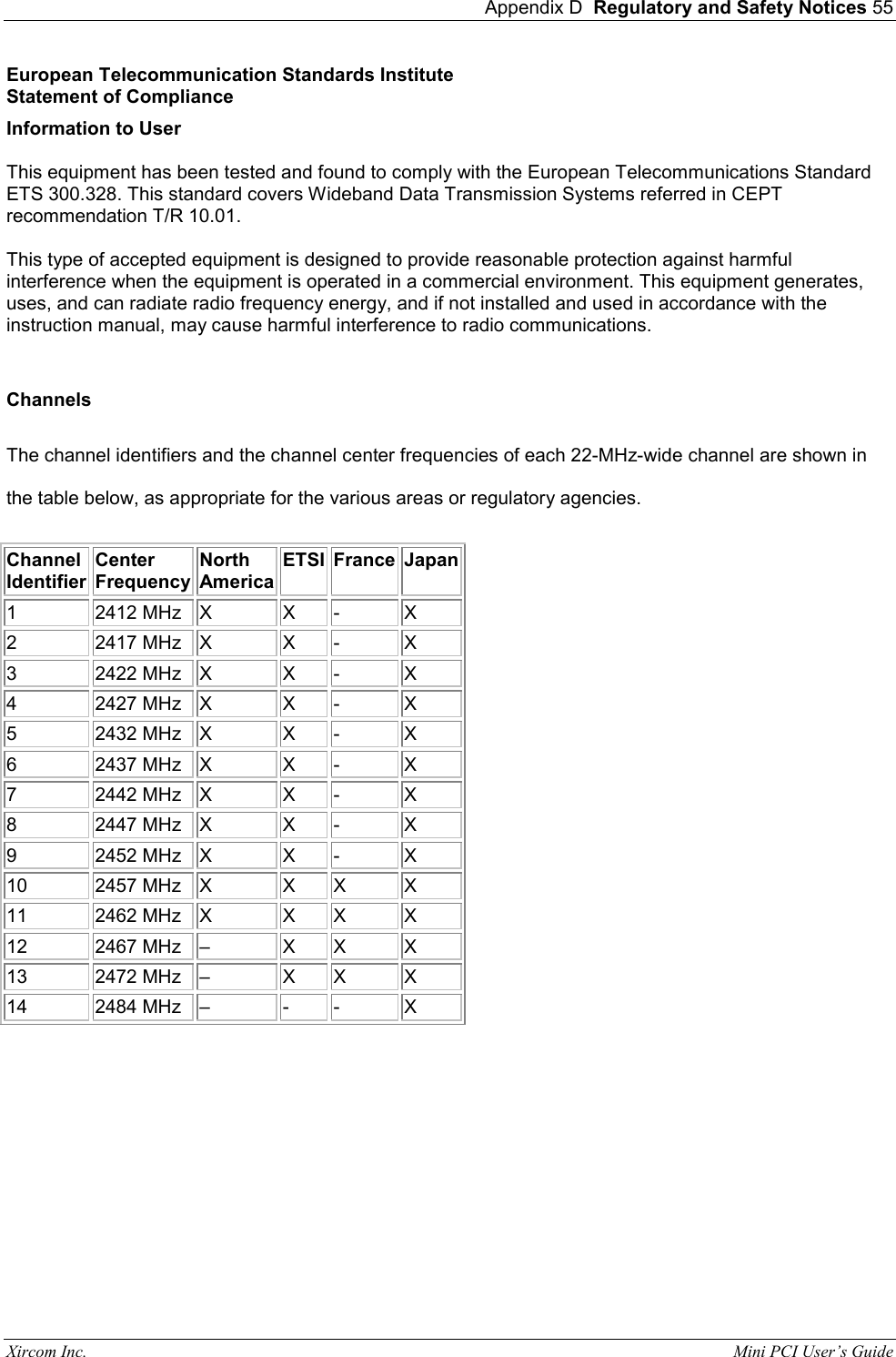  Appendix D  Regulatory and Safety Notices 55 Xircom Inc.                                                                                                           Mini PCI User&rsquo;s Guide European Telecommunication Standards Institute Statement of Compliance Information to User  This equipment has been tested and found to comply with the European Telecommunications Standard ETS 300.328. This standard covers Wideband Data Transmission Systems referred in CEPT recommendation T/R 10.01.   This type of accepted equipment is designed to provide reasonable protection against harmful interference when the equipment is operated in a commercial environment. This equipment generates, uses, and can radiate radio frequency energy, and if not installed and used in accordance with the instruction manual, may cause harmful interference to radio communications.   Channels The channel identifiers and the channel center frequencies of each 22-MHz-wide channel are shown in the table below, as appropriate for the various areas or regulatory agencies. Channel Identifier Center Frequency North America ETSI France Japan 1 2412 MHz X X - X 2 2417 MHz X X - X 3 2422 MHz X X - X 4 2427 MHz X X - X 5 2432 MHz X X - X 6 2437 MHz X X - X 7 2442 MHz X X - X 8 2447 MHz X X - X 9 2452 MHz X X - X 10 2457 MHz X  X X X 11 2462 MHz X  X X X 12 2467 MHz &ndash;  X X X 13 2472 MHz &ndash;  X X X 14 2484 MHz &ndash;  - - X 
