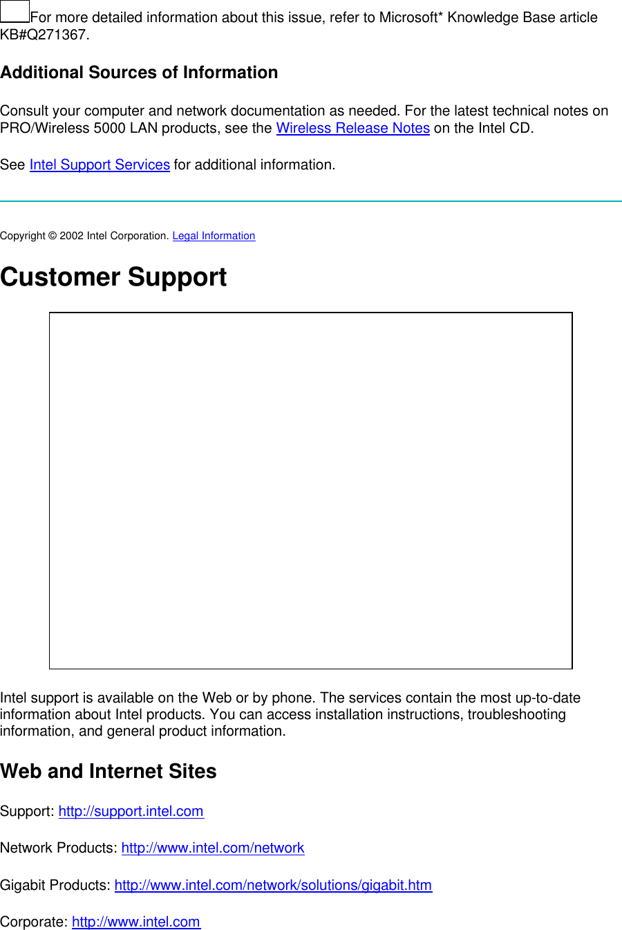 For more detailed information about this issue, refer to Microsoft* Knowledge Base article KB#Q271367. Additional Sources of Information Consult your computer and network documentation as needed. For the latest technical notes on PRO/Wireless 5000 LAN products, see the Wireless Release Notes on the Intel CD. See Intel Support Services for additional information.  Copyright &copy; 2002 Intel Corporation. Legal Information  Customer Support  Intel support is available on the Web or by phone. The services contain the most up-to-date information about Intel products. You can access installation instructions, troubleshooting information, and general product information. Web and Internet Sites Support: http://support.intel.com Network Products: http://www.intel.com/network Gigabit Products: http://www.intel.com/network/solutions/gigabit.htm Corporate: http://www.intel.com 