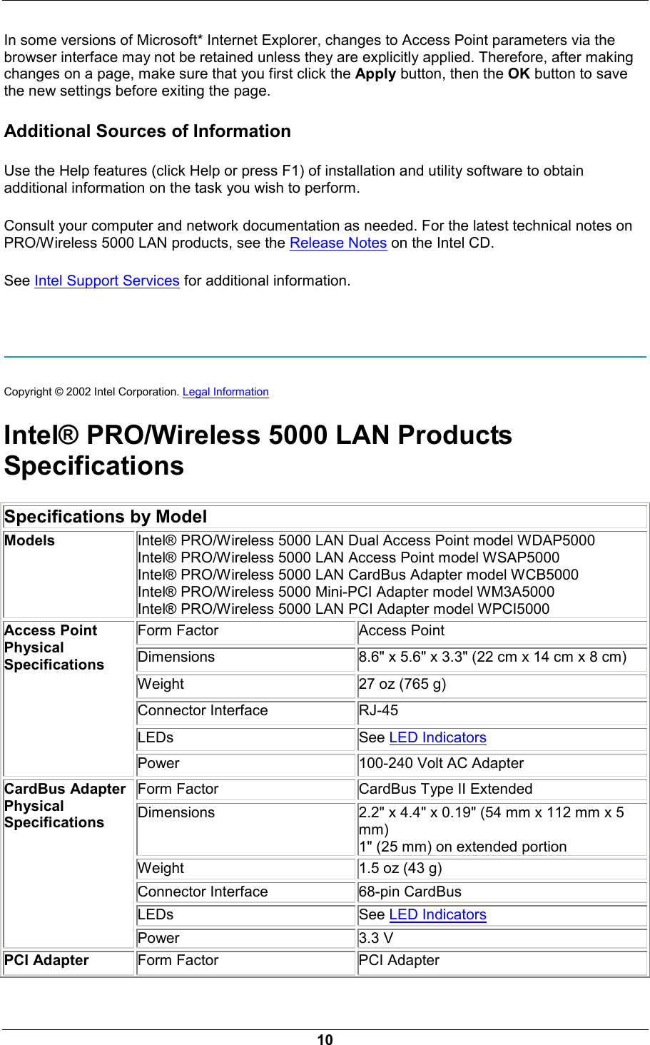  10 In some versions of Microsoft* Internet Explorer, changes to Access Point parameters via the browser interface may not be retained unless they are explicitly applied. Therefore, after making changes on a page, make sure that you first click the Apply button, then the OK button to save the new settings before exiting the page. Additional Sources of Information Use the Help features (click Help or press F1) of installation and utility software to obtain additional information on the task you wish to perform. Consult your computer and network documentation as needed. For the latest technical notes on PRO/Wireless 5000 LAN products, see the Release Notes on the Intel CD. See Intel Support Services for additional information.     Copyright &copy; 2002 Intel Corporation. Legal Information  Intel&reg; PRO/Wireless 5000 LAN Products Specifications Specifications by Model Models Intel&reg; PRO/Wireless 5000 LAN Dual Access Point model WDAP5000 Intel&reg; PRO/Wireless 5000 LAN Access Point model WSAP5000 Intel&reg; PRO/Wireless 5000 LAN CardBus Adapter model WCB5000 Intel&reg; PRO/Wireless 5000 Mini-PCI Adapter model WM3A5000 Intel&reg; PRO/Wireless 5000 LAN PCI Adapter model WPCI5000  Form Factor  Access Point Dimensions  8.6" x 5.6" x 3.3" (22 cm x 14 cm x 8 cm) Weight  27 oz (765 g) Connector Interface  RJ-45 LEDs See LED Indicators Access Point Physical Specifications Power  100-240 Volt AC Adapter Form Factor  CardBus Type II Extended Dimensions  2.2" x 4.4" x 0.19" (54 mm x 112 mm x 5 mm) 1" (25 mm) on extended portion Weight  1.5 oz (43 g) Connector Interface  68-pin CardBus LEDs See LED Indicators CardBus Adapter Physical Specifications Power 3.3 V PCI Adapter  Form Factor  PCI Adapter 