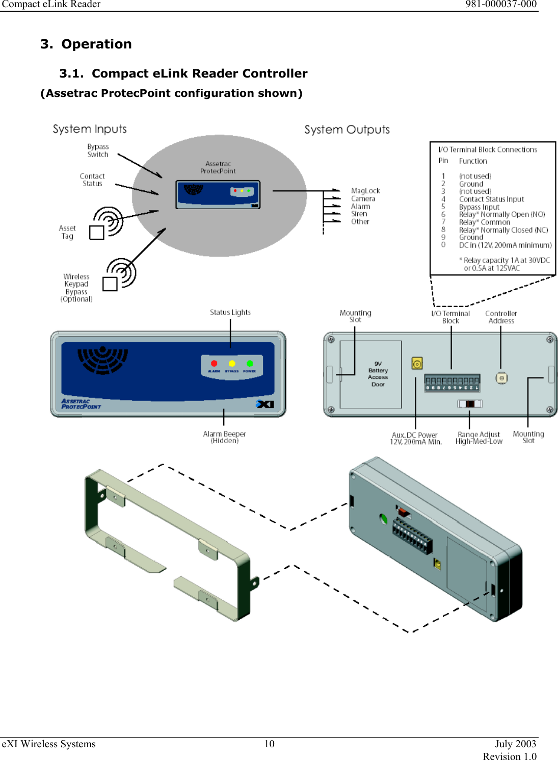 Compact eLink Reader      981-000037-000 eXI Wireless Systems  10  July 2003   Revision 1.0  3. Operation 3.1.  Compact eLink Reader Controller  (Assetrac ProtecPoint configuration shown)          