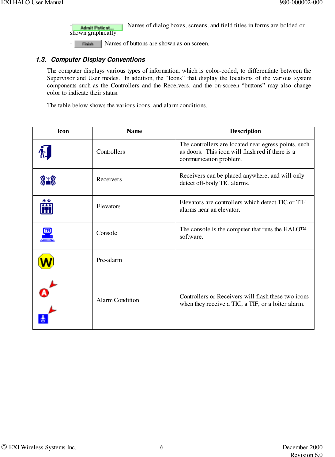 EXI HALO User Manual 980-000002-000 EXI Wireless Systems Inc. 6 December 2000Revision 6.0-  Names of dialog boxes, screens, and field titles in forms are bolded orshown graphically.-  Names of buttons are shown as on screen.1.3.  Computer Display ConventionsThe computer displays various types of information, which is color-coded, to differentiate between theSupervisor and User modes.  In addition, the “Icons” that display the locations of the various systemcomponents such as the Controllers and the Receivers, and the on-screen “buttons” may also changecolor to indicate their status.The table below shows the various icons, and alarm conditions.Icon Name DescriptionControllers The controllers are located near egress points, suchas doors.  This icon will flash red if there is acommunication problem.Receivers Receivers can be placed anywhere, and will onlydetect off-body TIC alarms.Elevators Elevators are controllers which detect TIC or TIFalarms near an elevator.Console The console is the computer that runs the HALO™software.Pre-alarmAlarm Condition Controllers or Receivers will flash these two iconswhen they receive a TIC, a TIF, or a loiter alarm.