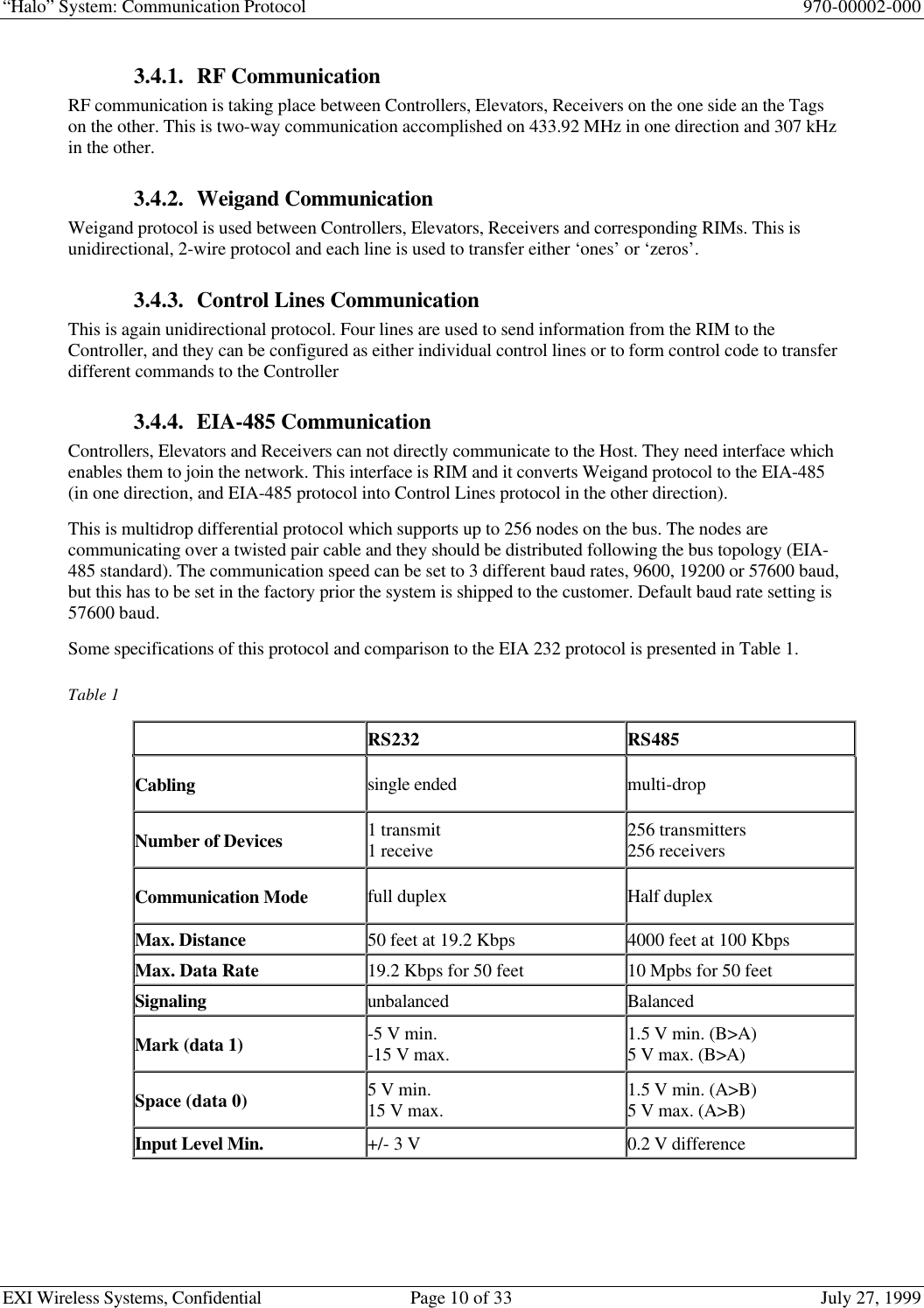 “Halo” System: Communication Protocol 970-00002-000EXI Wireless Systems, Confidential Page 10 of 33 July 27, 19993.4.1. RF CommunicationRF communication is taking place between Controllers, Elevators, Receivers on the one side an the Tagson the other. This is two-way communication accomplished on 433.92 MHz in one direction and 307 kHzin the other.3.4.2. Weigand CommunicationWeigand protocol is used between Controllers, Elevators, Receivers and corresponding RIMs. This isunidirectional, 2-wire protocol and each line is used to transfer either ‘ones’ or ‘zeros’.3.4.3. Control Lines CommunicationThis is again unidirectional protocol. Four lines are used to send information from the RIM to theController, and they can be configured as either individual control lines or to form control code to transferdifferent commands to the Controller3.4.4. EIA-485 CommunicationControllers, Elevators and Receivers can not directly communicate to the Host. They need interface whichenables them to join the network. This interface is RIM and it converts Weigand protocol to the EIA-485(in one direction, and EIA-485 protocol into Control Lines protocol in the other direction).This is multidrop differential protocol which supports up to 256 nodes on the bus. The nodes arecommunicating over a twisted pair cable and they should be distributed following the bus topology (EIA-485 standard). The communication speed can be set to 3 different baud rates, 9600, 19200 or 57600 baud,but this has to be set in the factory prior the system is shipped to the customer. Default baud rate setting is57600 baud.Some specifications of this protocol and comparison to the EIA 232 protocol is presented in Table 1.Table 1RS232 RS485Cabling single ended multi-dropNumber of Devices 1 transmit1 receive 256 transmitters256 receiversCommunication Mode full duplex Half duplexMax. Distance 50 feet at 19.2 Kbps 4000 feet at 100 KbpsMax. Data Rate 19.2 Kbps for 50 feet 10 Mpbs for 50 feetSignaling unbalanced BalancedMark (data 1) -5 V min.-15 V max. 1.5 V min. (B&gt;A)5 V max. (B&gt;A)Space (data 0) 5 V min.15 V max. 1.5 V min. (A&gt;B)5 V max. (A&gt;B)Input Level Min. +/- 3 V 0.2 V difference