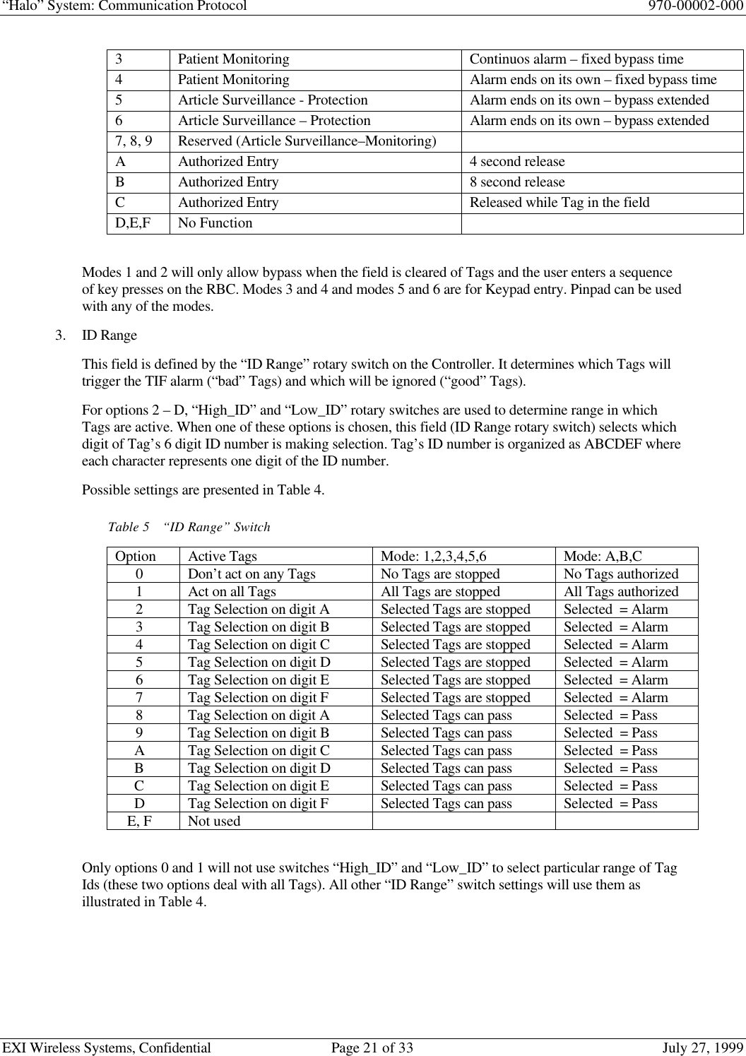 “Halo” System: Communication Protocol 970-00002-000EXI Wireless Systems, Confidential Page 21 of 33 July 27, 19993Patient Monitoring Continuos alarm – fixed bypass time4Patient Monitoring Alarm ends on its own – fixed bypass time5Article Surveillance - Protection Alarm ends on its own – bypass extended6Article Surveillance – Protection Alarm ends on its own – bypass extended7, 8, 9 Reserved (Article Surveillance–Monitoring)AAuthorized Entry 4 second releaseBAuthorized Entry 8 second releaseCAuthorized Entry Released while Tag in the fieldD,E,F No FunctionModes 1 and 2 will only allow bypass when the field is cleared of Tags and the user enters a sequenceof key presses on the RBC. Modes 3 and 4 and modes 5 and 6 are for Keypad entry. Pinpad can be usedwith any of the modes.3. ID RangeThis field is defined by the “ID Range” rotary switch on the Controller. It determines which Tags willtrigger the TIF alarm (“bad” Tags) and which will be ignored (“good” Tags).For options 2 – D, “High_ID” and “Low_ID” rotary switches are used to determine range in whichTags are active. When one of these options is chosen, this field (ID Range rotary switch) selects whichdigit of Tag’s 6 digit ID number is making selection. Tag’s ID number is organized as ABCDEF whereeach character represents one digit of the ID number. Possible settings are presented in Table 4.Table 5“ID Range” SwitchOption Active Tags Mode: 1,2,3,4,5,6 Mode: A,B,C0Don’t act on any Tags No Tags are stopped No Tags authorized1Act on all Tags All Tags are stopped All Tags authorized2Tag Selection on digit A Selected Tags are stopped Selected  = Alarm3Tag Selection on digit B Selected Tags are stopped Selected  = Alarm4Tag Selection on digit C Selected Tags are stopped Selected  = Alarm5Tag Selection on digit D Selected Tags are stopped Selected  = Alarm6Tag Selection on digit E Selected Tags are stopped Selected  = Alarm7Tag Selection on digit F Selected Tags are stopped Selected  = Alarm8Tag Selection on digit A Selected Tags can pass Selected  = Pass9Tag Selection on digit B Selected Tags can pass Selected  = PassATag Selection on digit C Selected Tags can pass Selected  = PassBTag Selection on digit D Selected Tags can pass Selected  = PassCTag Selection on digit E Selected Tags can pass Selected  = PassDTag Selection on digit F Selected Tags can pass Selected  = PassE, F Not usedOnly options 0 and 1 will not use switches “High_ID” and “Low_ID” to select particular range of TagIds (these two options deal with all Tags). All other “ID Range” switch settings will use them asillustrated in Table 4.