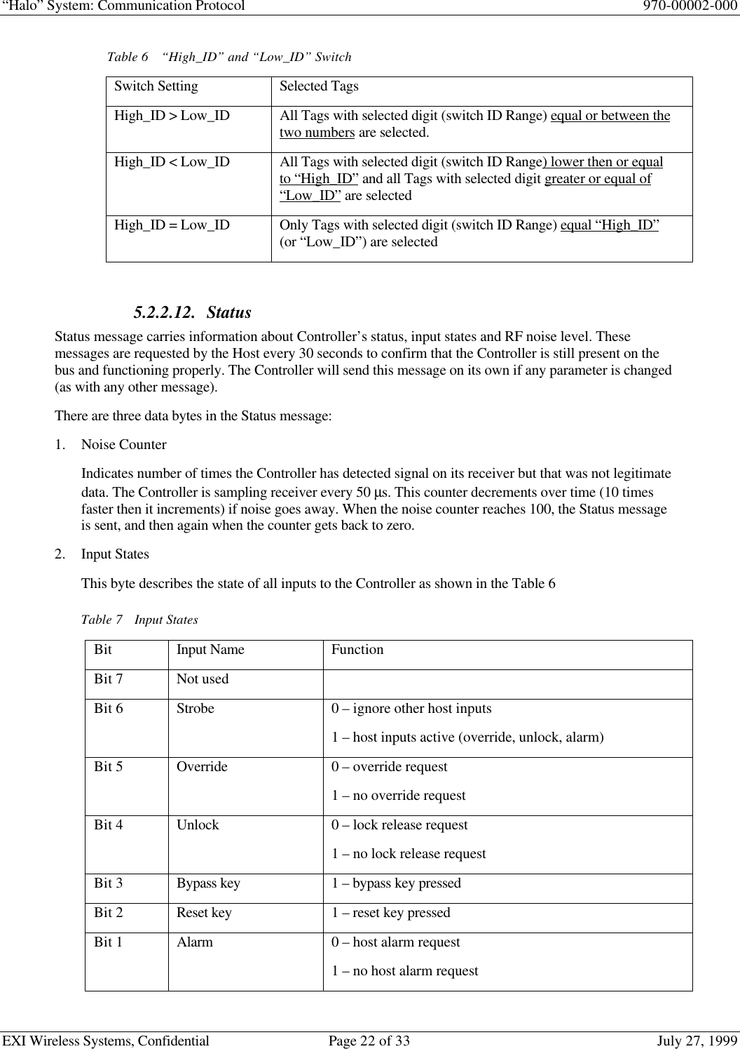 “Halo” System: Communication Protocol 970-00002-000EXI Wireless Systems, Confidential Page 22 of 33 July 27, 1999Table 6“High_ID” and “Low_ID” SwitchSwitch Setting Selected TagsHigh_ID &gt; Low_ID All Tags with selected digit (switch ID Range) equal or between thetwo numbers are selected.High_ID &lt; Low_ID All Tags with selected digit (switch ID Range) lower then or equalto “High_ID” and all Tags with selected digit greater or equal of“Low_ID” are selectedHigh_ID = Low_ID Only Tags with selected digit (switch ID Range) equal “High_ID”(or “Low_ID”) are selected5.2.2.12. StatusStatus message carries information about Controller’s status, input states and RF noise level. Thesemessages are requested by the Host every 30 seconds to confirm that the Controller is still present on thebus and functioning properly. The Controller will send this message on its own if any parameter is changed(as with any other message).There are three data bytes in the Status message:1. Noise CounterIndicates number of times the Controller has detected signal on its receiver but that was not legitimatedata. The Controller is sampling receiver every 50 µs. This counter decrements over time (10 timesfaster then it increments) if noise goes away. When the noise counter reaches 100, the Status messageis sent, and then again when the counter gets back to zero.2. Input StatesThis byte describes the state of all inputs to the Controller as shown in the Table 6Table 7Input StatesBit Input Name FunctionBit 7 Not usedBit 6 Strobe 0 – ignore other host inputs1 – host inputs active (override, unlock, alarm)Bit 5 Override 0 – override request1 – no override requestBit 4 Unlock 0 – lock release request1 – no lock release requestBit 3 Bypass key 1 – bypass key pressedBit 2 Reset key 1 – reset key pressedBit 1 Alarm 0 – host alarm request1 – no host alarm request