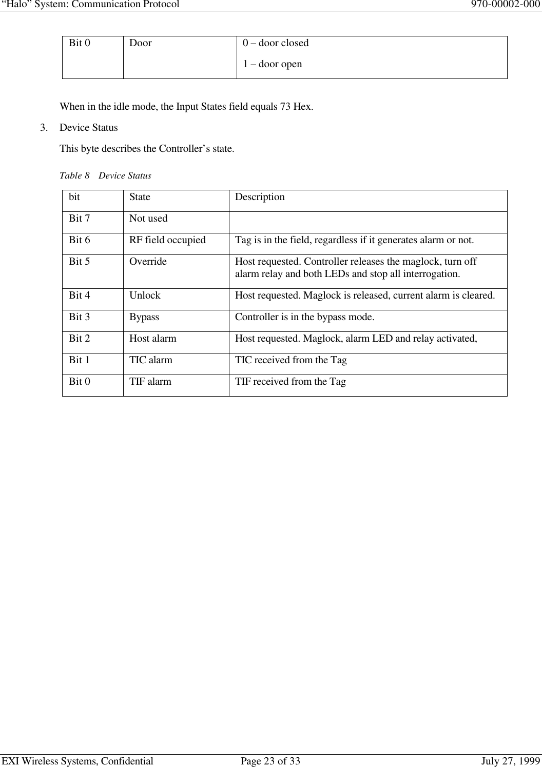 “Halo” System: Communication Protocol 970-00002-000EXI Wireless Systems, Confidential Page 23 of 33 July 27, 1999Bit 0 Door 0 – door closed1 – door openWhen in the idle mode, the Input States field equals 73 Hex.3. Device StatusThis byte describes the Controller’s state.Table 8Device Statusbit State DescriptionBit 7 Not usedBit 6 RF field occupied Tag is in the field, regardless if it generates alarm or not.Bit 5 Override Host requested. Controller releases the maglock, turn offalarm relay and both LEDs and stop all interrogation.Bit 4 Unlock Host requested. Maglock is released, current alarm is cleared.Bit 3 Bypass Controller is in the bypass mode.Bit 2 Host alarm Host requested. Maglock, alarm LED and relay activated,Bit 1 TIC alarm TIC received from the TagBit 0 TIF alarm TIF received from the Tag