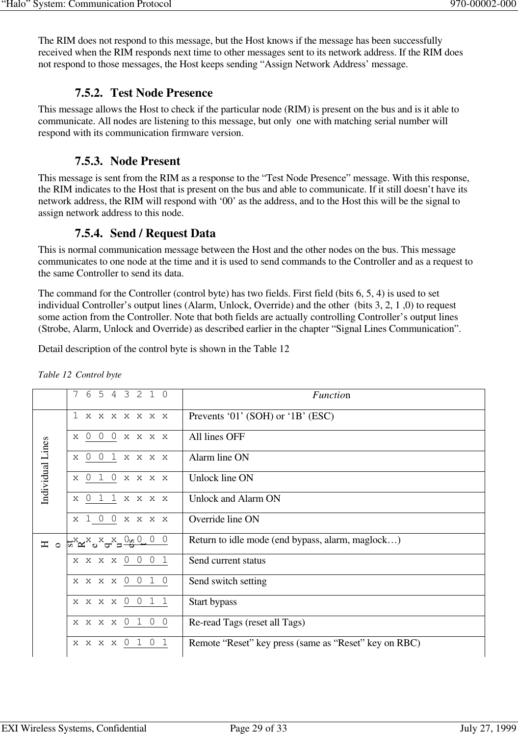 “Halo” System: Communication Protocol 970-00002-000EXI Wireless Systems, Confidential Page 29 of 33 July 27, 1999The RIM does not respond to this message, but the Host knows if the message has been successfullyreceived when the RIM responds next time to other messages sent to its network address. If the RIM doesnot respond to those messages, the Host keeps sending “Assign Network Address’ message.7.5.2. Test Node PresenceThis message allows the Host to check if the particular node (RIM) is present on the bus and is it able tocommunicate. All nodes are listening to this message, but only  one with matching serial number willrespond with its communication firmware version.7.5.3. Node PresentThis message is sent from the RIM as a response to the “Test Node Presence” message. With this response,the RIM indicates to the Host that is present on the bus and able to communicate. If it still doesn’t have itsnetwork address, the RIM will respond with ‘00’ as the address, and to the Host this will be the signal toassign network address to this node.7.5.4. Send / Request DataThis is normal communication message between the Host and the other nodes on the bus. This messagecommunicates to one node at the time and it is used to send commands to the Controller and as a request tothe same Controller to send its data.The command for the Controller (control byte) has two fields. First field (bits 6, 5, 4) is used to setindividual Controller’s output lines (Alarm, Unlock, Override) and the other  (bits 3, 2, 1 ,0) to requestsome action from the Controller. Note that both fields are actually controlling Controller’s output lines(Strobe, Alarm, Unlock and Override) as described earlier in the chapter “Signal Lines Communication”.Detail description of the control byte is shown in the Table 12Table 12 Control byte7 6 5 4 3 2 1 0 Function1 x x x x x x x Prevents ‘01’ (SOH) or ‘1B’ (ESC)x 0 0 0 x x x x All lines OFFx 0 0 1 x x x x Alarm line ONx 0 1 0 x x x x Unlock line ONx 0 1 1 x x x x Unlock and Alarm ONIndividual Linesx 1 0 0 x x x x Override line ONx x x x 0 0 0 0 Return to idle mode (end bypass, alarm, maglock…)x x x x 0 0 0 1 Send current statusx x x x 0 0 1 0 Send switch settingx x x x 0 0 1 1 Start bypassx x x x 0 1 0 0 Re-read Tags (reset all Tags)HostRequestx x x x 0 1 0 1 Remote “Reset” key press (same as “Reset” key on RBC)