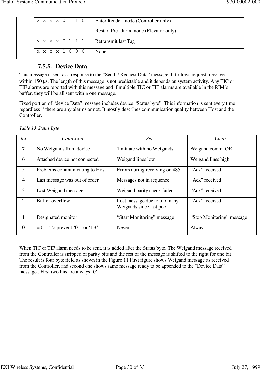 “Halo” System: Communication Protocol 970-00002-000EXI Wireless Systems, Confidential Page 30 of 33 July 27, 1999x x x x 0 1 1 0 Enter Reader mode (Controller only)Restart Pre-alarm mode (Elevator only)x x x x 0 1 1 1 Retransmit last Tagx x x x 1 0 0 0 None7.5.5. Device DataThis message is sent as a response to the “Send  / Request Data” message. It follows request messagewithin 150 µs. The length of this message is not predictable and it depends on system activity. Any TIC orTIF alarms are reported with this message and if multiple TIC or TIF alarms are available in the RIM’sbuffer, they will be all sent within one message.Fixed portion of “device Data” message includes device “Status byte”. This information is sent every timeregardless if there are any alarms or not. It mostly describes communication quality between Host and theController.Table 13 Status Bytebit Condition Set Clear7No Weigands from device 1 minute with no Weigands Weigand comm. OK6Attached device not connected Weigand lines low Weigand lines high5Problems communicating to Host Errors during receiving on 485 “Ack” received4Last message was out of order Messages not in sequence “Ack” received3Lost Weigand message Weigand parity check failed “Ack” received2Buffer overflow Lost message due to too manyWeigands since last pool “Ack” received1Designated monitor “Start Monitoring” message “Stop Monitoring” message0= 0,    To prevent ‘01’ or ‘1B’ Never AlwaysWhen TIC or TIF alarm needs to be sent, it is added after the Status byte. The Weigand message receivedfrom the Controller is stripped of parity bits and the rest of the message is shifted to the right for one bit .The result is four byte field as shown in the Figure 11 First figure shows Weigand message as receivedfrom the Controller, and second one shows same message ready to be appended to the “Device Data”message.. First two bits are always ‘0’.