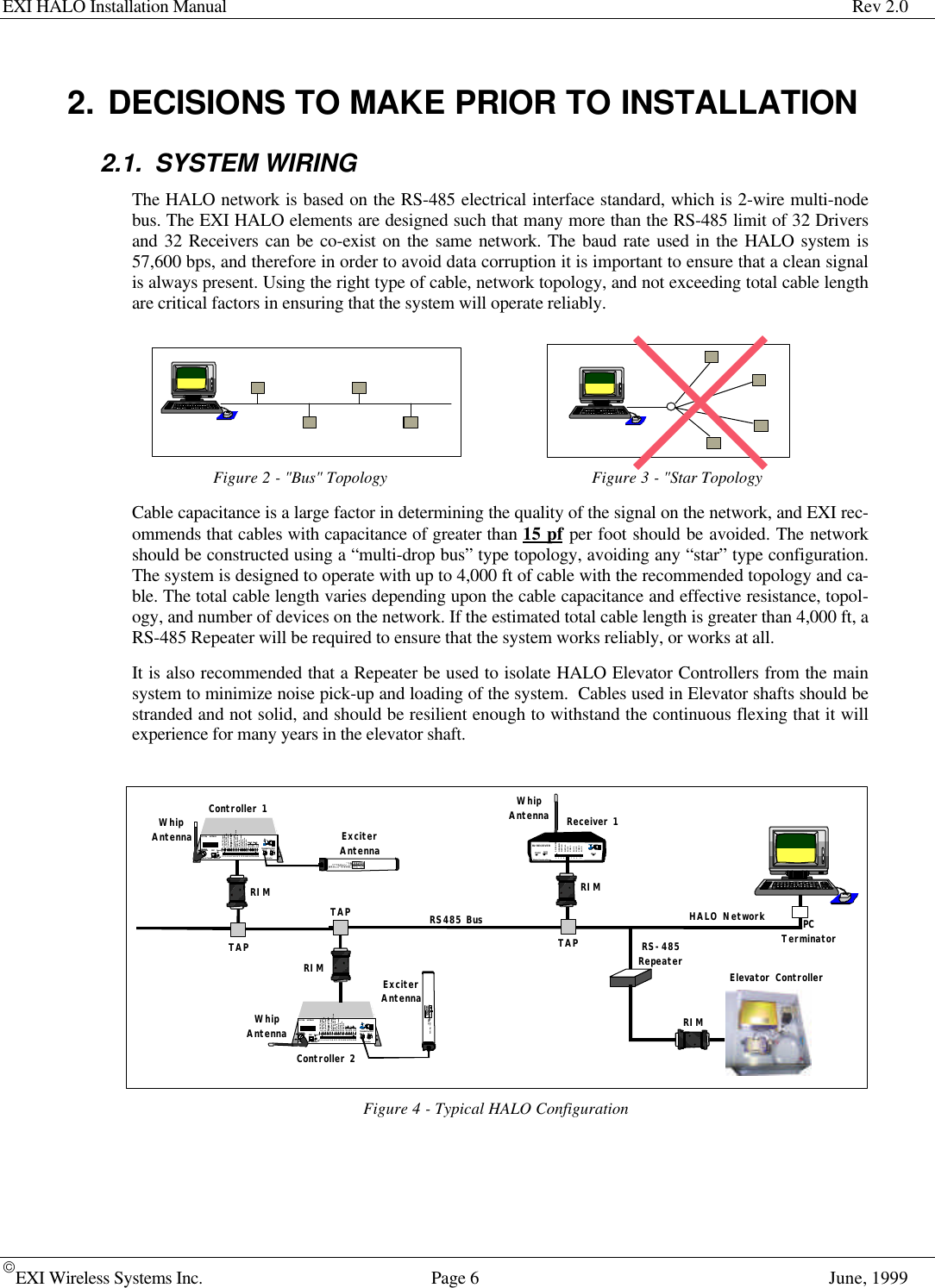 EXI HALO Installation Manual Rev 2.0EXI Wireless Systems Inc. Page 6June, 19992. DECISIONS TO MAKE PRIOR TO INSTALLATION2.1. SYSTEM WIRINGThe HALO network is based on the RS-485 electrical interface standard, which is 2-wire multi-nodebus. The EXI HALO elements are designed such that many more than the RS-485 limit of 32 Driversand 32 Receivers can be co-exist on the same network. The baud rate used in the HALO system is57,600 bps, and therefore in order to avoid data corruption it is important to ensure that a clean signalis always present. Using the right type of cable, network topology, and not exceeding total cable lengthare critical factors in ensuring that the system will operate reliably.Figure 2 - &quot;Bus&quot; Topology Figure 3 - &quot;Star TopologyCable capacitance is a large factor in determining the quality of the signal on the network, and EXI rec-ommends that cables with capacitance of greater than 15 pf per foot should be avoided. The networkshould be constructed using a “multi-drop bus” type topology, avoiding any “star” type configuration.The system is designed to operate with up to 4,000 ft of cable with the recommended topology and ca-ble. The total cable length varies depending upon the cable capacitance and effective resistance, topol-ogy, and number of devices on the network. If the estimated total cable length is greater than 4,000 ft, aRS-485 Repeater will be required to ensure that the system works reliably, or works at all.It is also recommended that a Repeater be used to isolate HALO Elevator Controllers from the mainsystem to minimize noise pick-up and loading of the system.  Cables used in Elevator shafts should bestranded and not solid, and should be resilient enough to withstand the continuous flexing that it willexperience for many years in the elevator shaft.Figure 4 - Typical HALO ConfigurationR2 RECEIVERDATACOMM.Made in Canada . .  with care12/24 VDCGROUNDDATA 0DATA 1N/O 1COM 1N/C 1N/O 2COM 2N/C 21   2   3   4   5   6   7   8   9    10POWER RELAYController 1WhipAntenna ExciterAntennaHALO NetworkRECEIVEANTENNA RBCFCC ID#          HE7MAXTRANSMIT  OUTPUTSEA #1 SEA #2Made in Canada . .  with care ControllerbyPower1    2     3     4     5     6     7     8    9    10    11    12   13   14   15   16   17   18   19   20+24V DC InputSystem Ground+12V Ou 200 maSystem GroundWeigand  0/DataWeigand  1/GndSystem GroundMagOut  24V 200 maDoor Switch InSystem GroundUnlock InOverride InStrobe InN.OCOMN.C.N.OCOMN.CRelay #1 Relay #2Alarm InOFF  ONEXI ELECTRONIC SYSTEMSWinnipeg, Manitoba  (204) 788-1696Made in CanadaPRODUCTMODEL NO.SERIAL NO&gt;ROAM  II/TAGRRRSEA-M1118Controller 2WhipAntennaExciterAntennaRECEIVEANTENNA RBCFCC ID#          HE7MAXTRANSMIT  OUTPUTSEA #1 SEA #2Made in Canada . .  with care ControllerbyPower1    2     3     4     5     6     7     8    9    10    11    12   13   14   15   16   17   18   19   20+24V DC InputSystem Ground+12V Ou 200 maSystem GroundWeigand  0/DataWeigand  1/GndSystem GroundMagOut  24V 200 maDoor Switch InSystem GroundUnlock InOverride InStrobe InN.OCOMN.C.N.OCOMN.CRelay #1 Relay #2Alarm InOFF  ONWinnipeg, Manitoba  (204) 788-1696Made in CanadaPRODUCTMODEL NO.SERIAL NO&gt;ROAM  II/TAGRRRSEA-M1118RIMRIMReceiver 1WhipAntennaRIMRS485 BusTAPTAPTAPPCTerminatorRS-485Repeater Elevator ControllerRIM