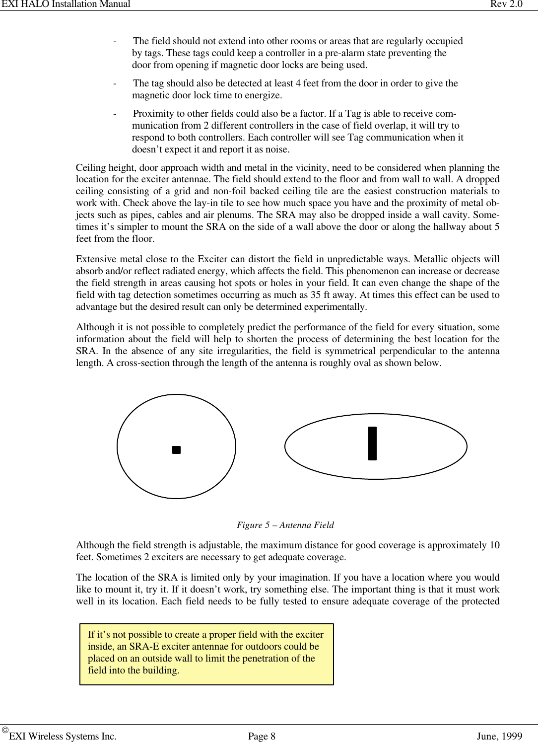 EXI HALO Installation Manual Rev 2.0EXI Wireless Systems Inc. Page 8June, 1999- The field should not extend into other rooms or areas that are regularly occupiedby tags. These tags could keep a controller in a pre-alarm state preventing thedoor from opening if magnetic door locks are being used.- The tag should also be detected at least 4 feet from the door in order to give themagnetic door lock time to energize.- Proximity to other fields could also be a factor. If a Tag is able to receive com-munication from 2 different controllers in the case of field overlap, it will try torespond to both controllers. Each controller will see Tag communication when itdoesn’t expect it and report it as noise.Ceiling height, door approach width and metal in the vicinity, need to be considered when planning thelocation for the exciter antennae. The field should extend to the floor and from wall to wall. A droppedceiling consisting of a grid and non-foil backed ceiling tile are the easiest construction materials towork with. Check above the lay-in tile to see how much space you have and the proximity of metal ob-jects such as pipes, cables and air plenums. The SRA may also be dropped inside a wall cavity. Some-times it’s simpler to mount the SRA on the side of a wall above the door or along the hallway about 5feet from the floor.Extensive metal close to the Exciter can distort the field in unpredictable ways. Metallic objects willabsorb and/or reflect radiated energy, which affects the field. This phenomenon can increase or decreasethe field strength in areas causing hot spots or holes in your field. It can even change the shape of thefield with tag detection sometimes occurring as much as 35 ft away. At times this effect can be used toadvantage but the desired result can only be determined experimentally.Although it is not possible to completely predict the performance of the field for every situation, someinformation about the field will help to shorten the process of determining the best location for theSRA. In the absence of any site irregularities, the field is symmetrical perpendicular to the antennalength. A cross-section through the length of the antenna is roughly oval as shown below.Figure 5 – Antenna FieldAlthough the field strength is adjustable, the maximum distance for good coverage is approximately 10feet. Sometimes 2 exciters are necessary to get adequate coverage.The location of the SRA is limited only by your imagination. If you have a location where you wouldlike to mount it, try it. If it doesn’t work, try something else. The important thing is that it must workwell in its location. Each field needs to be fully tested to ensure adequate coverage of the protectedIf it’s not possible to create a proper field with the exciterinside, an SRA-E exciter antennae for outdoors could beplaced on an outside wall to limit the penetration of thefield into the building.
