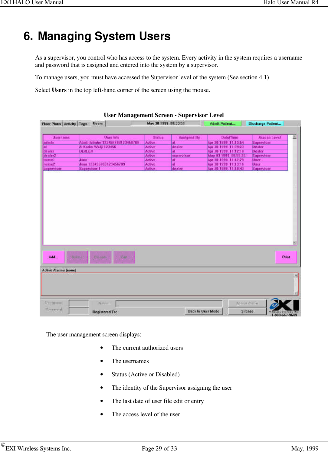 EXI HALO User Manual Halo User Manual R4EXI Wireless Systems Inc. Page 29 of 33 May, 19996. Managing System UsersAs a supervisor, you control who has access to the system. Every activity in the system requires a usernameand password that is assigned and entered into the system by a supervisor.To manage users, you must have accessed the Supervisor level of the system (See section 4.1)Select Users in the top left-hand corner of the screen using the mouse.User Management Screen - Supervisor LevelThe user management screen displays:• The current authorized users• The usernames• Status (Active or Disabled)• The identity of the Supervisor assigning the user• The last date of user file edit or entry• The access level of the user