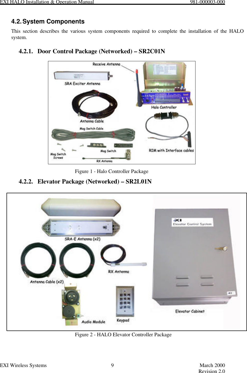 EXI HALO Installation &amp; Operation Manual                                                            981-000003-000EXI Wireless Systems 9March 2000Revision 2.04.2. System ComponentsThis section describes the various system components required to complete the installation of the HALOsystem.4.2.1. Door Control Package (Networked) – SR2C01NFigure 1 - Halo Controller Package4.2.2. Elevator Package (Networked) – SR2L01NFigure 2 - HALO Elevator Controller Package