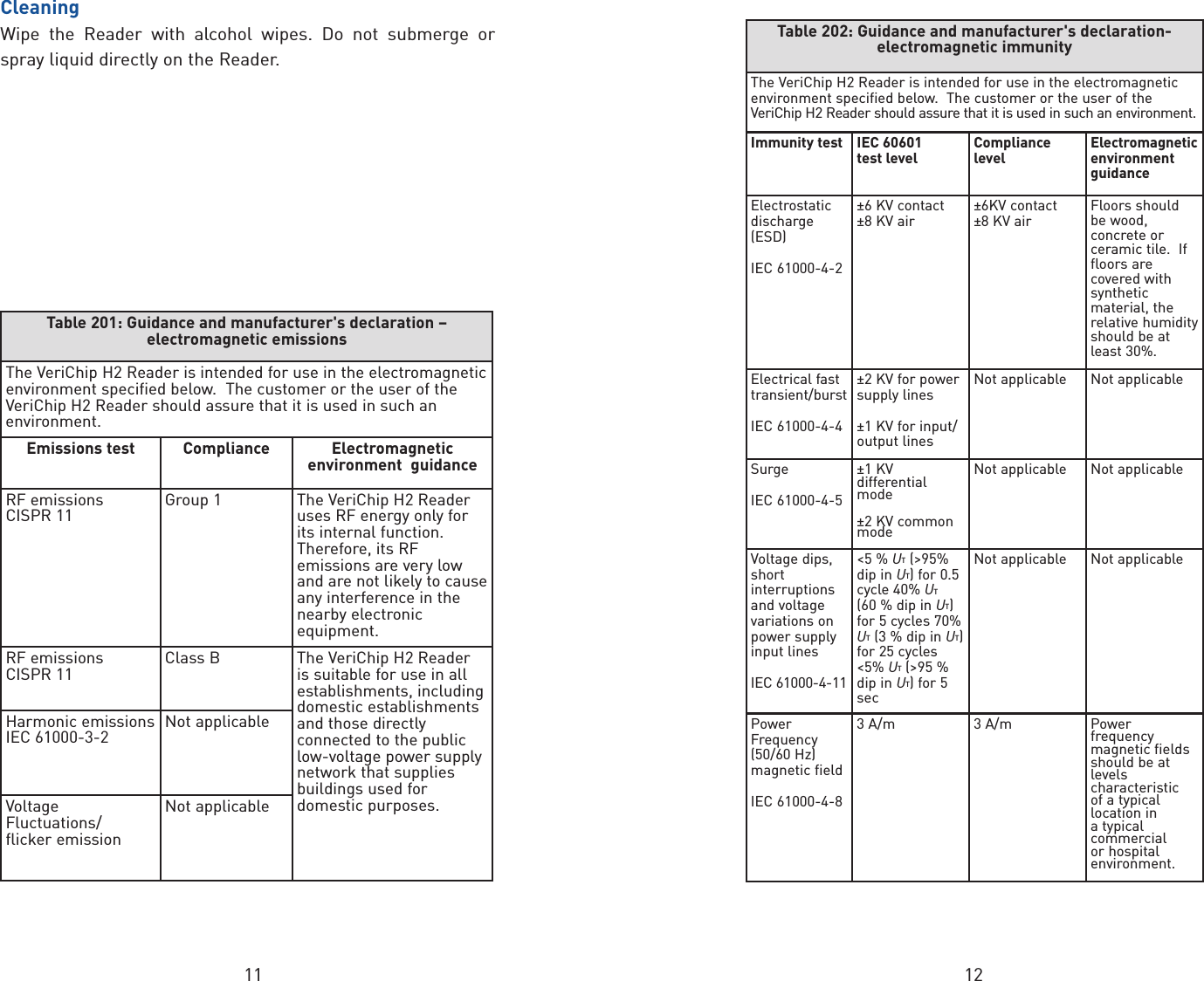 11 12Table 201: Guidance and manufacturer&apos;s declaration –electromagnetic emissionsThe VeriChip H2 Reader is intended for use in the electromagneticenvironment specified below. The customer or the user of theVeriChip H2 Reader should assure that it is used in such anenvironment.Emissions test Compliance Electromagneticenvironment  guidanceRF emissions CISPR 11 Group 1 The VeriChip H2 Readeruses RF energy only forits internal function.Therefore, its RFemissions are very lowand are not likely to causeany interference in thenearby electronicequipment.RF emissions CISPR 11 Class B The VeriChip H2 Reader is suitable for use in allestablishments, includingdomestic establishmentsand those directlyconnected to the publiclow-voltage power supplynetwork that suppliesbuildings used fordomestic purposes.Harmonic emissionsIEC 61000-3-2 Not applicableVoltageFluctuations/ flicker emissionNot applicableTable 202: Guidance and manufacturer&apos;s declaration-electromagnetic immunityThe VeriChip H2 Reader is intended for use in the electromagneticenvironment specified below.  The customer or the user of theVeriChip H2 Reader should assure that it is used in such an environment.Immunity test IEC 60601 test levelCompliancelevelElectromagneticenvironmentguidanceElectrostaticdischarge(ESD) IEC 61000-4-2±6 KV contact ±8 KV air±6KV contact ±8 KV airFloors shouldbe wood,concrete orceramic tile.  Iffloors arecovered withsyntheticmaterial, therelative humidityshould be atleast 30%.Electrical fasttransient/burstIEC 61000-4-4±2 KV for powersupply lines ±1 KV for input/output linesNot applicable Not applicableSurge IEC 61000-4-5±1 KVdifferentialmode±2 KV commonmodeNot applicable Not applicableVoltage dips,shortinterruptionsand voltagevariations onpower supplyinput lines IEC 61000-4-11&lt;5 % UT(&gt;95%dip in UT)for 0.5cycle 40% UT(60 % dip in UT)for 5 cycles 70%UT(3 % dip in UT)for 25 cycles&lt;5% UT(&gt;95 %dip in UT) for 5secNot applicable Not applicablePowerFrequency(50/60 Hz)magnetic field IEC 61000-4-83A/m 3 A/m Powerfrequencymagnetic fieldsshould be atlevelscharacteristic of a typicallocation in atypicalcommercial or hospitalenvironment.CleaningWipe the Reader with alcohol wipes. Do not submerge orspray liquid directly on the Reader. 