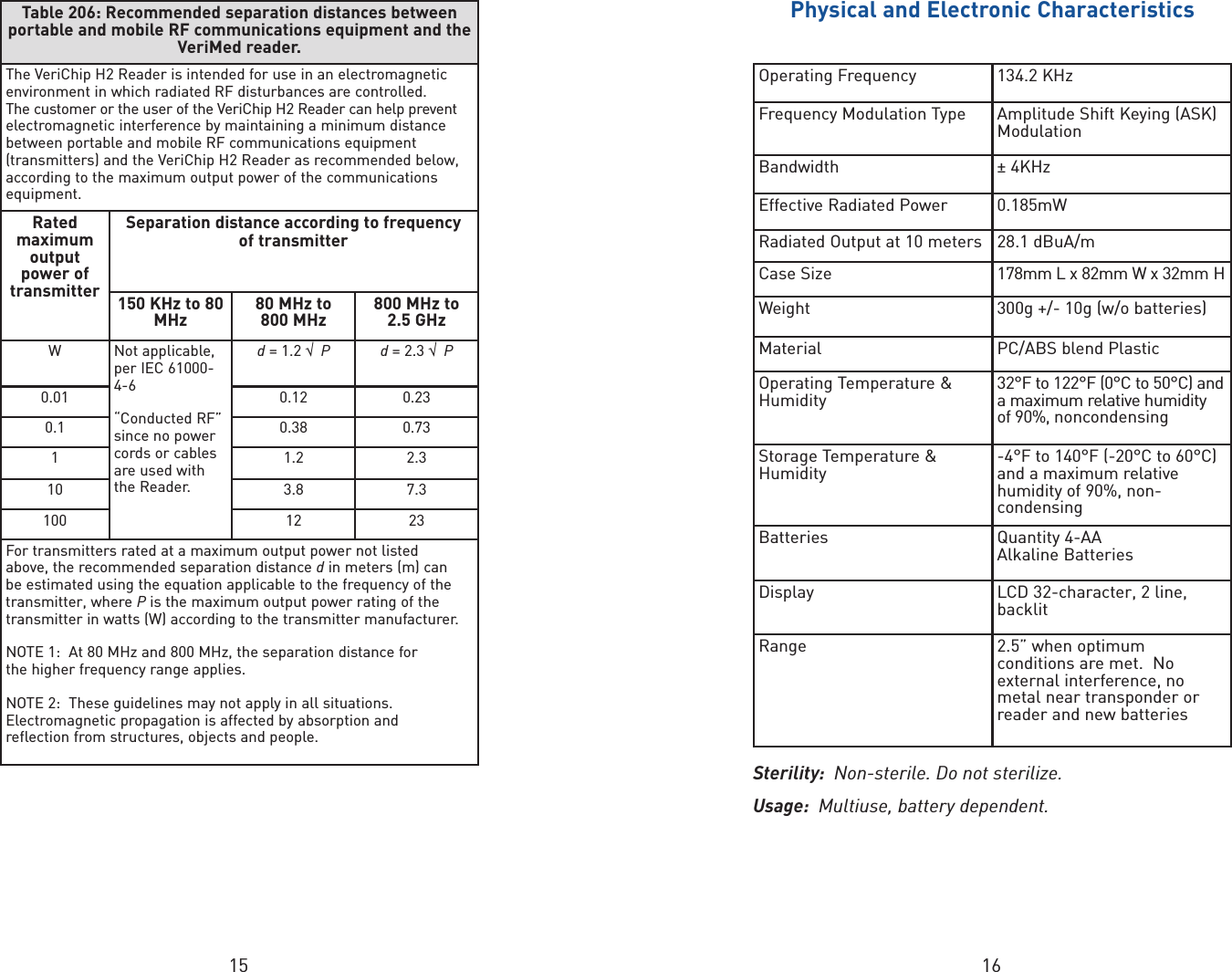 1615Table 206: Recommended separation distances betweenportable and mobile RF communications equipment and theVeriMed reader.The VeriChip H2 Reader is intended for use in an electromagneticenvironment in which radiated RF disturbances are controlled.  The customer or the user of the VeriChip H2 Reader can help preventelectromagnetic interference by maintaining a minimum distancebetween portable and mobile RF communications equipment(transmitters) and the VeriChip H2 Reader as recommended below,according to the maximum output power of the communicationsequipment.Ratedmaximumoutputpower oftransmitterSeparation distance according to frequency of transmitter150 KHz to 80MHz 80 MHz to800 MHz 800 MHz to2.5 GHzWNot applicable,per IEC 61000-4-6“Conducted RF”since no powercords or cablesare used withthe Reader.d= 1.2 √P d = 2.3 √P0.01 0.12 0.230.1 0.38 0.731 1.2 2.310 3.8 7.3100 12 23For transmitters rated at a maximum output power not listed above, the recommended separation distance din meters (m) can be estimated using the equation applicable to the frequency of thetransmitter, where Pis the maximum output power rating of thetransmitter in watts (W) according to the transmitter manufacturer.  NOTE 1:  At 80 MHz and 800 MHz, the separation distance for the higher frequency range applies. NOTE 2:  These guidelines may not apply in all situations.Electromagnetic propagation is affected by absorption and reflection from structures, objects and people.Operating Frequency 134.2 KHz Frequency Modulation Type Amplitude Shift Keying (ASK)ModulationBandwidth ± 4KHzEffective Radiated Power 0.185mW Radiated Output at 10 meters  28.1 dBuA/m Case Size 178mm L x 82mm W x 32mm H Weight 300g +/- 10g (w/o batteries) Material PC/ABS blend Plastic Operating Temperature &amp;Humidity  32°F to 122°F (0°C to 50°C) andamaximum relative humidity of 90%, noncondensingStorage Temperature &amp;Humidity  -4°F to 140°F (-20°C to 60°C)and a maximum relativehumidity of 90%, non-condensingBatteries  Quantity 4-AA Alkaline Batteries Display LCD 32-character, 2 line, backlitRange 2.5” when optimumconditions are met.  Noexternal interference, nometal near transponder orreader and new batteriesPhysical and Electronic CharacteristicsSterility:  Non-sterile. Do not sterilize. Usage:  Multiuse, battery dependent.  