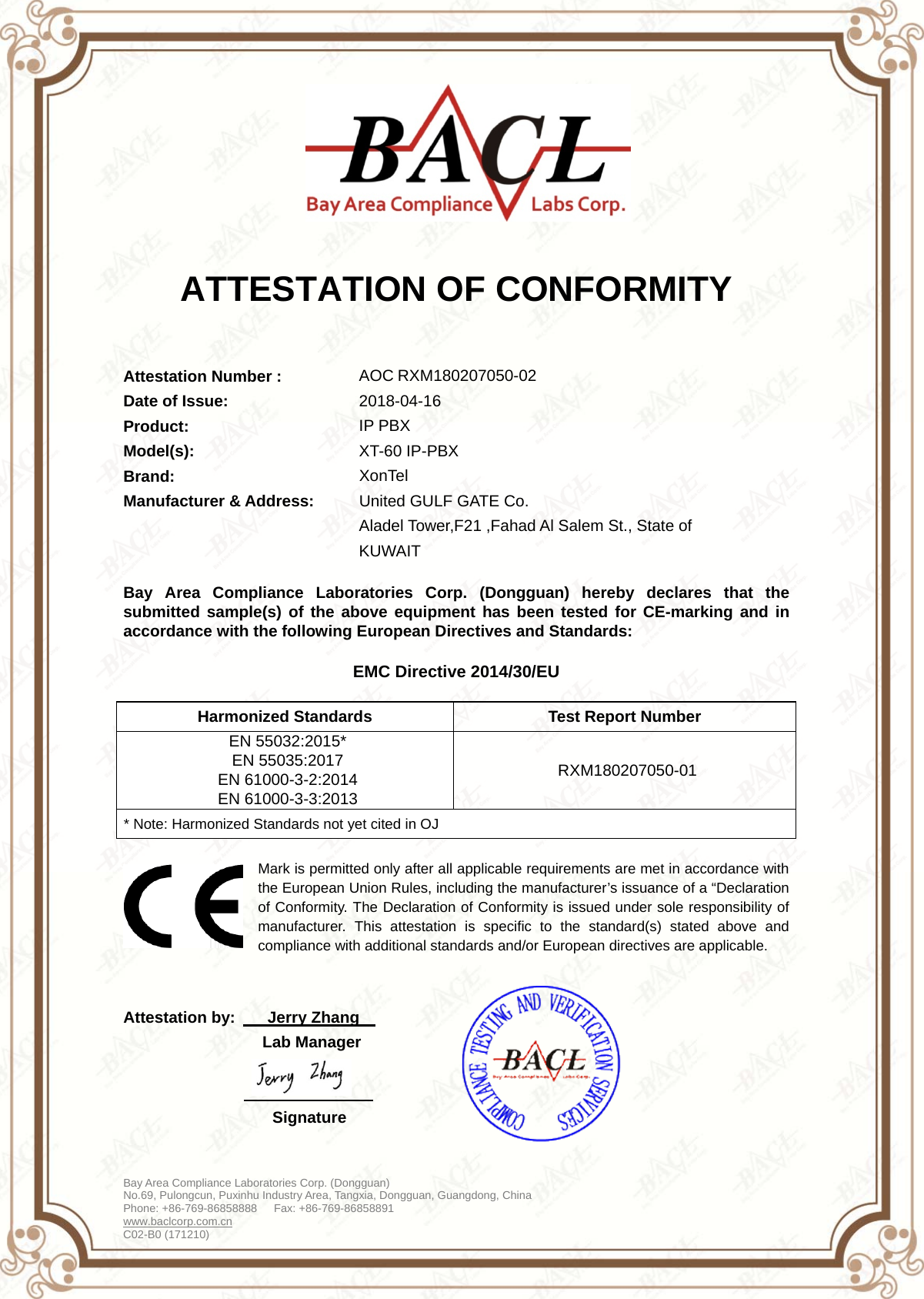 Page 1 of 1 - CRXM180207050-EM B0 EMC  Certificate-EMC