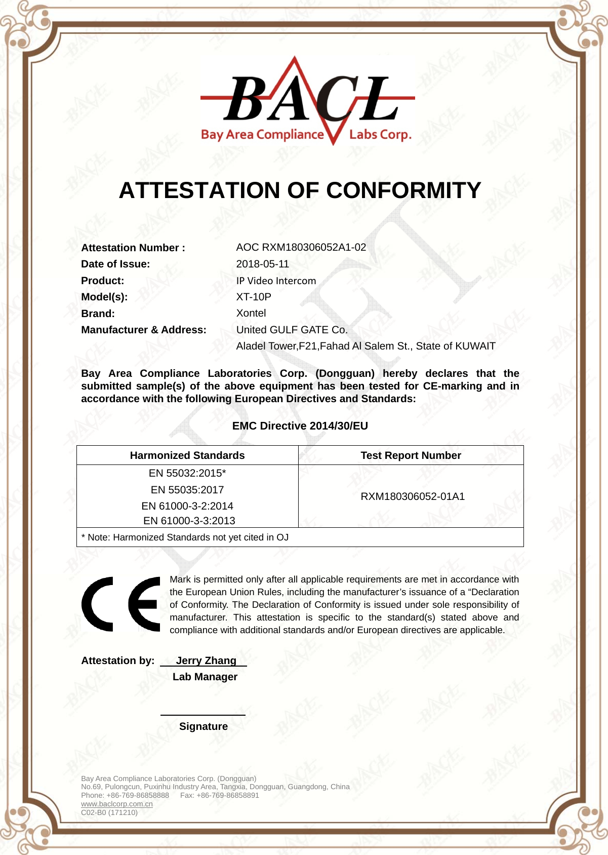 Page 1 of 1 - CRXM180306052A1-02  XT-10P-Certificate-A