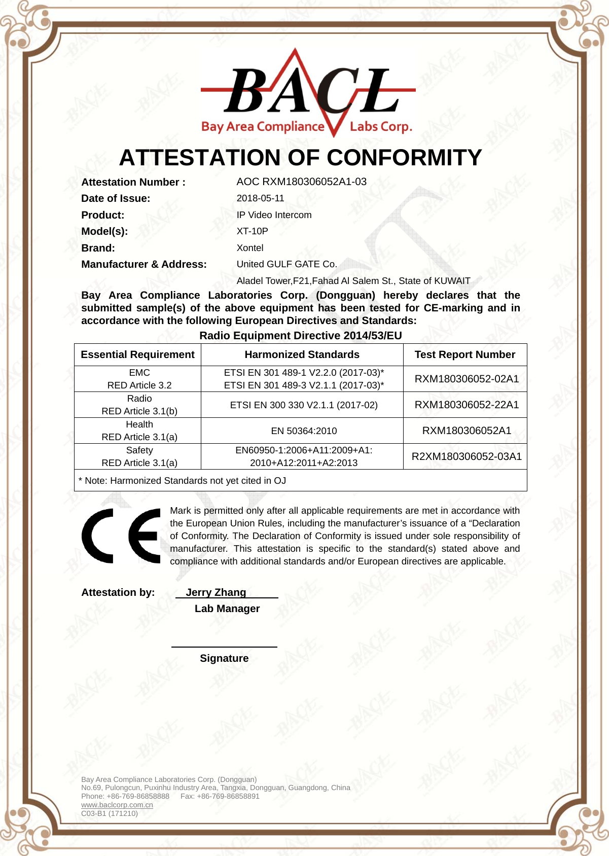 Page 1 of 1 - CRXM180306052A1-03 RED  XT-10P-Certificate-B
