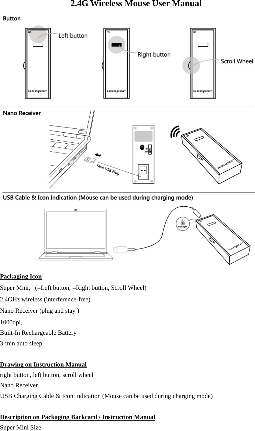 2.4G Wireless Mouse User Manual  Packaging Icon           Super Mini,   (=Left button, =Right button, Scroll Wheel)      2.4GHz wireless (interference-free)            Nano Receiver (plug and stay )          1000dpi,              Built-In Rechargeable Battery           3-min auto sleep                         Drawing on Instruction Manual         right button, left button, scroll wheel          Nano Receiver             USB Charging Cable &amp; Icon Indication (Mouse can be used during charging mode)              Description on Packaging Backcard / Instruction Manual   Super Mini Size             