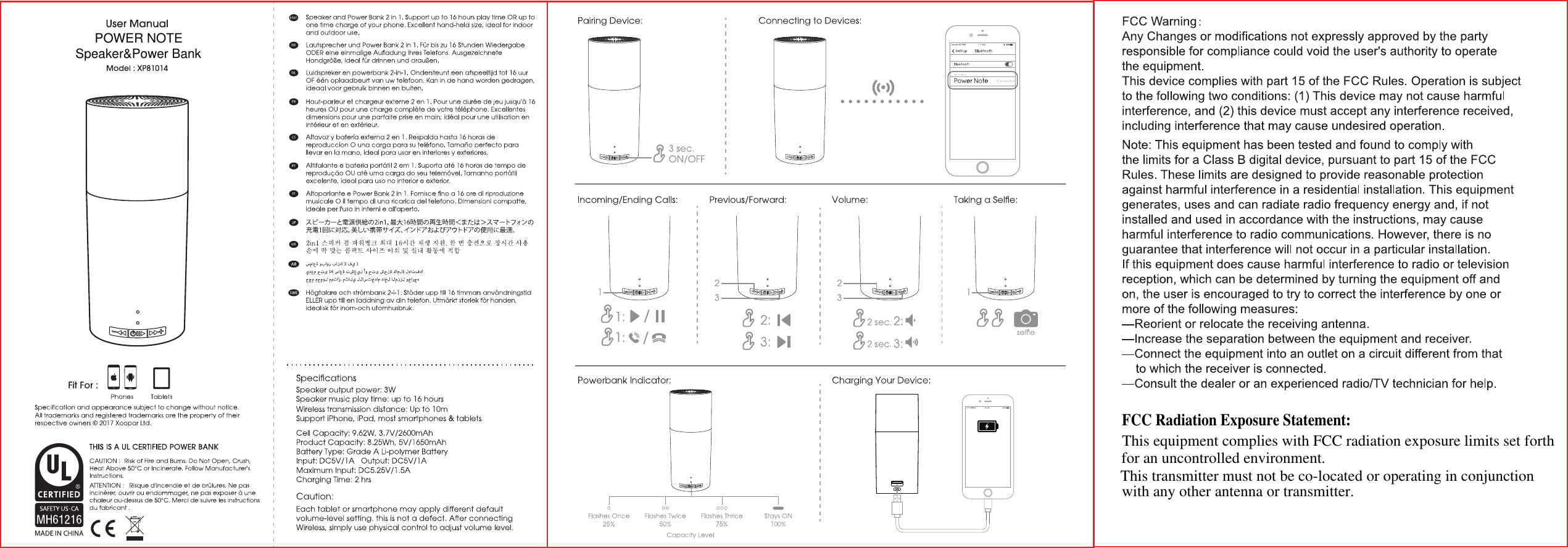 This transmitter must not be co-located or operating in conjunctionwith any other antenna or transmitter.for an uncontrolled environment.This equipment complies with FCC radiation exposure limits set forthFCC Radiation Exposure Statement:  POWER NOTESpeaker&amp;Power Bank