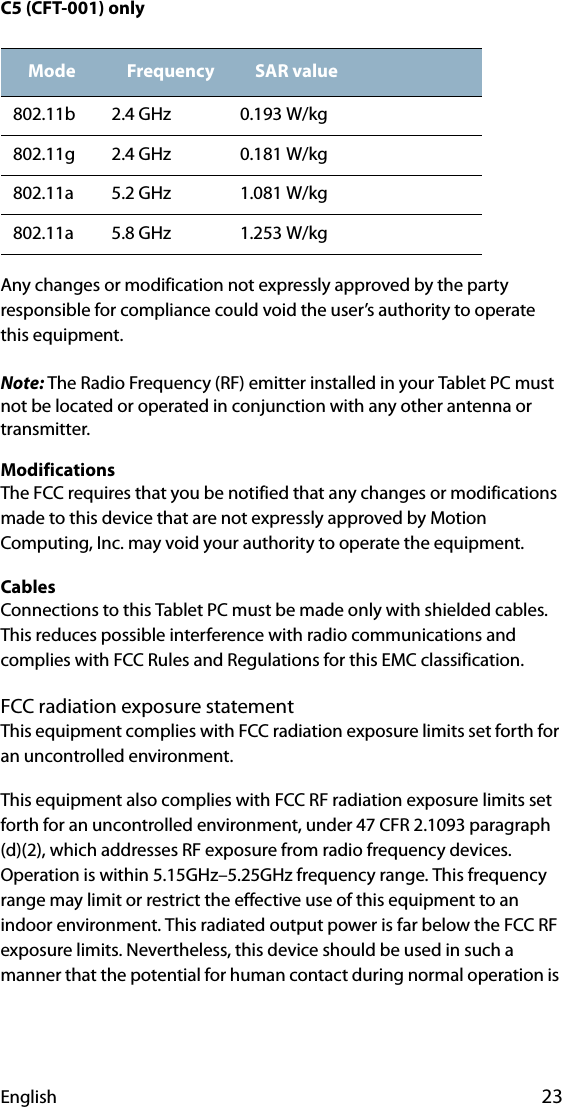 English 23C5 (CFT-001) onlyAny changes or modification not expressly approved by the party responsible for compliance could void the user’s authority to operate this equipment.Note: The Radio Frequency (RF) emitter installed in your Tablet PC must not be located or operated in conjunction with any other antenna or transmitter.ModificationsThe FCC requires that you be notified that any changes or modifications made to this device that are not expressly approved by Motion Computing, Inc. may void your authority to operate the equipment.CablesConnections to this Tablet PC must be made only with shielded cables. This reduces possible interference with radio communications and complies with FCC Rules and Regulations for this EMC classification.FCC radiation exposure statementThis equipment complies with FCC radiation exposure limits set forth for an uncontrolled environment.This equipment also complies with FCC RF radiation exposure limits set forth for an uncontrolled environment, under 47 CFR 2.1093 paragraph (d)(2), which addresses RF exposure from radio frequency devices. Operation is within 5.15GHz–5.25GHz frequency range. This frequency range may limit or restrict the effective use of this equipment to an indoor environment. This radiated output power is far below the FCC RF exposure limits. Nevertheless, this device should be used in such a manner that the potential for human contact during normal operation is Mode Frequency SAR value802.11b 2.4 GHz 0.193 W/kg802.11g 2.4 GHz 0.181 W/kg802.11a 5.2 GHz 1.081 W/kg802.11a 5.8 GHz 1.253 W/kg