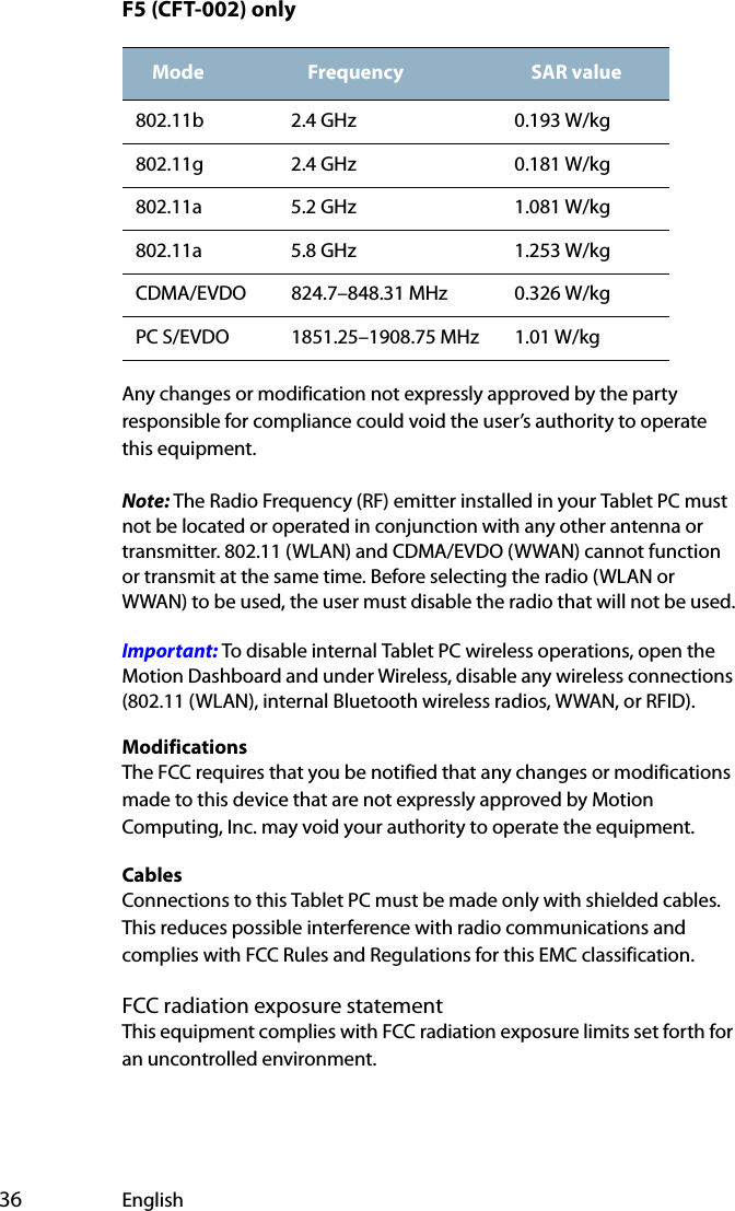  36 EnglishF5 (CFT-002) onlyAny changes or modification not expressly approved by the party responsible for compliance could void the user’s authority to operate this equipment.Note: The Radio Frequency (RF) emitter installed in your Tablet PC must not be located or operated in conjunction with any other antenna or transmitter. 802.11 (WLAN) and CDMA/EVDO (WWAN) cannot function or transmit at the same time. Before selecting the radio (WLAN or WWAN) to be used, the user must disable the radio that will not be used.Important: To disable internal Tablet PC wireless operations, open the Motion Dashboard and under Wireless, disable any wireless connections (802.11 (WLAN), internal Bluetooth wireless radios, WWAN, or RFID).ModificationsThe FCC requires that you be notified that any changes or modifications made to this device that are not expressly approved by Motion Computing, Inc. may void your authority to operate the equipment.CablesConnections to this Tablet PC must be made only with shielded cables. This reduces possible interference with radio communications and complies with FCC Rules and Regulations for this EMC classification.FCC radiation exposure statementThis equipment complies with FCC radiation exposure limits set forth for an uncontrolled environment.Mode Frequency SAR value802.11b 2.4 GHz 0.193 W/kg802.11g 2.4 GHz 0.181 W/kg802.11a 5.2 GHz 1.081 W/kg802.11a 5.8 GHz 1.253 W/kgCDMA/EVDO 824.7–848.31 MHz 0.326 W/kgPC S/EVDO 1851.25–1908.75 MHz 1.01 W/kg